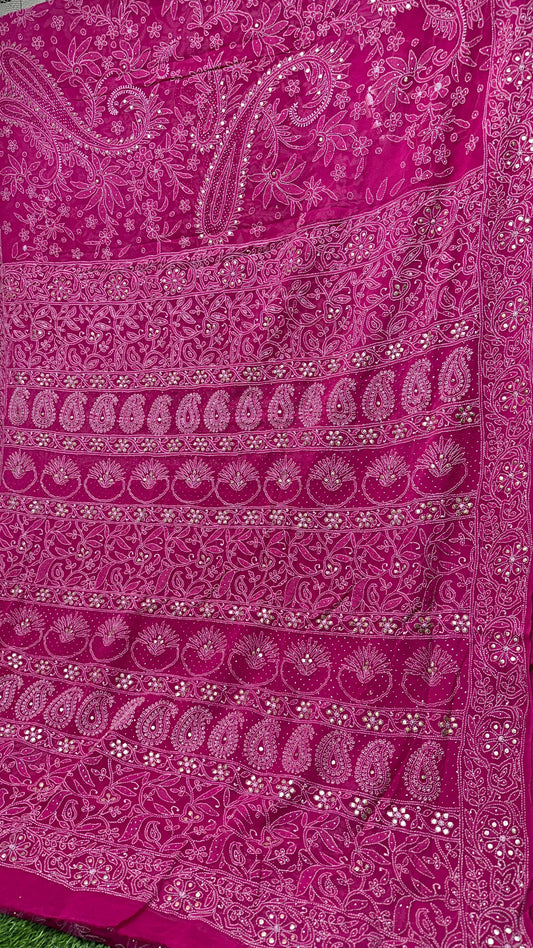 Authentic Pure Georgette Hand Lucknowi Chikankari saree with Mukesh