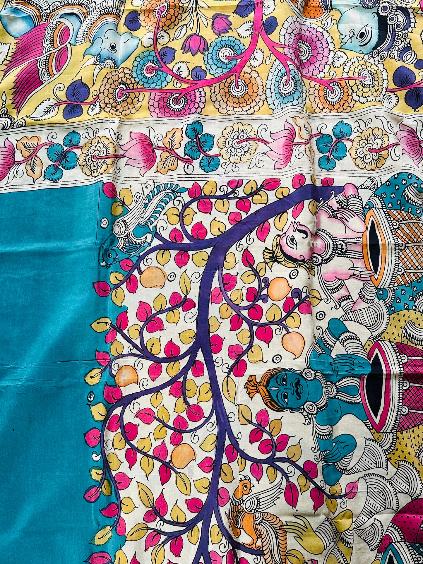 Pen Kalamkari with zari border in Silk - with silk Mark