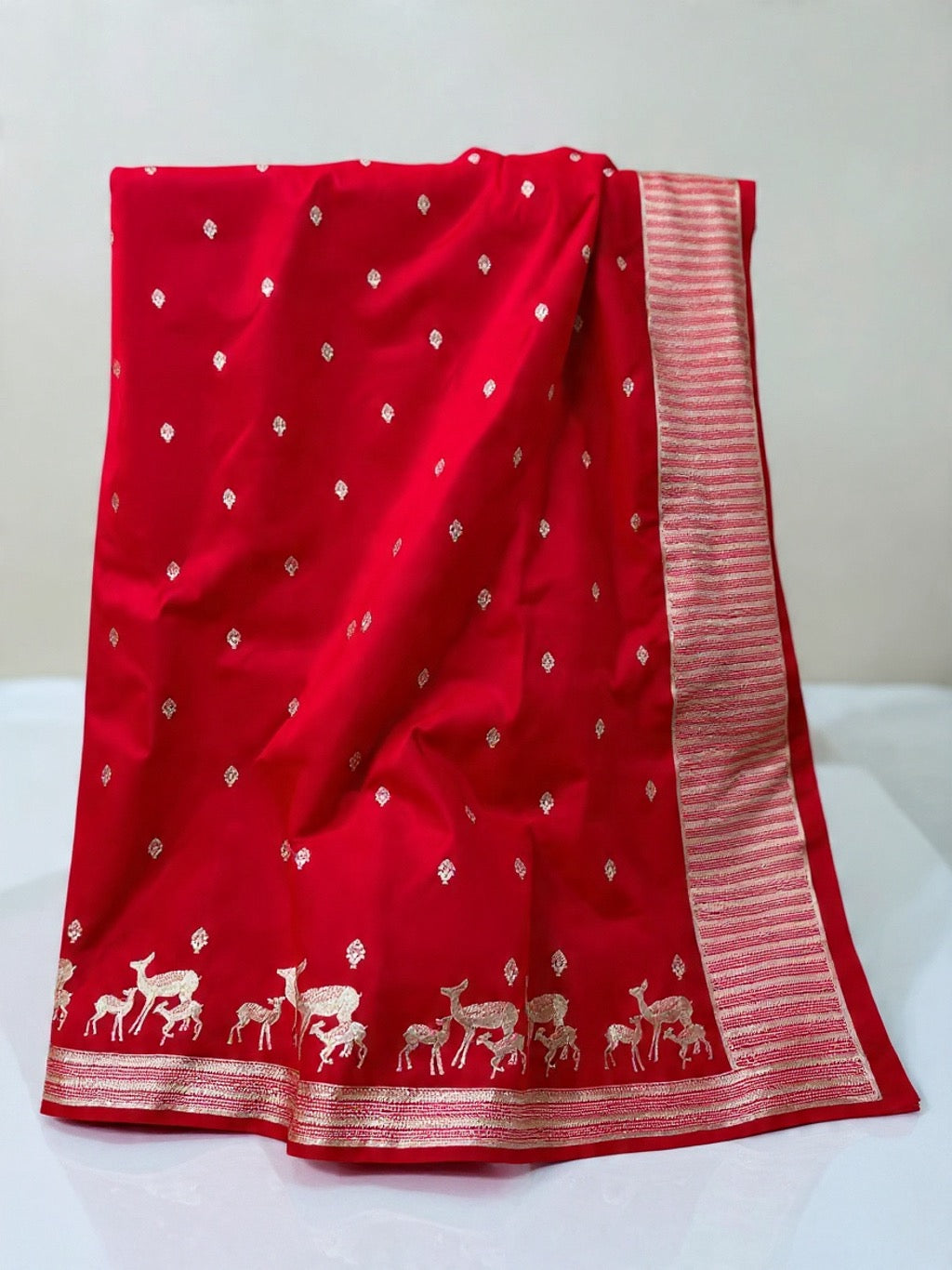 Handwoven Satin Silk Banarasi Saree with Chidiya Family Motifs | Heritage Artisan Weave