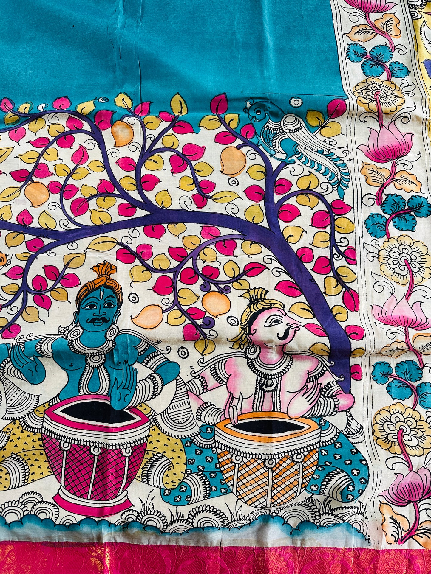 Pen Kalamkari with zari border in Silk - with silk Mark