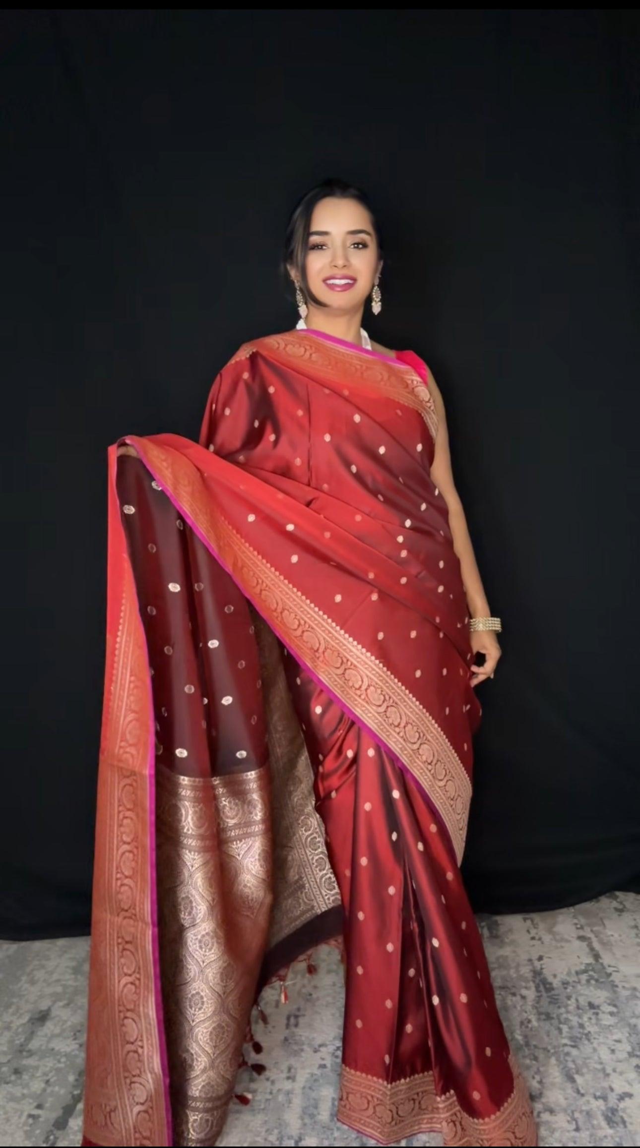 Banarasi Silk Saree Mashru - Dark Pink
