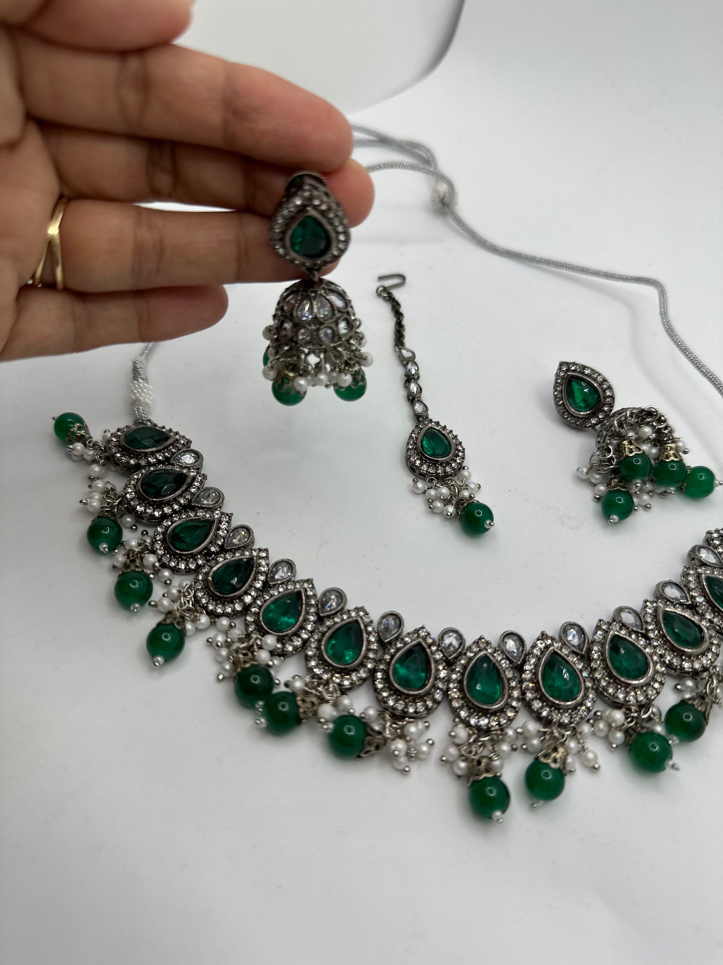 Emerald Green Polki Kundan Moti Jwellery Set