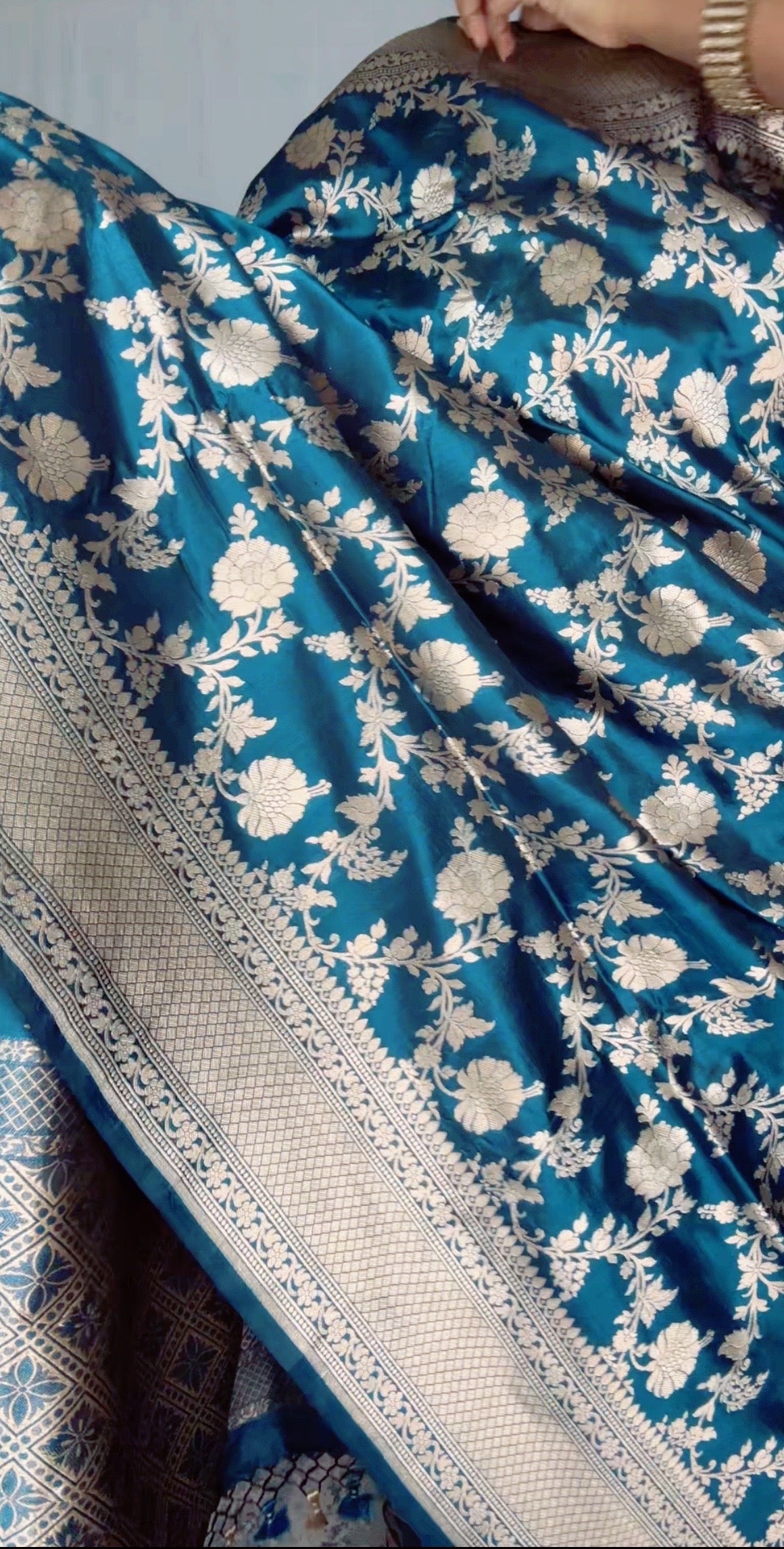 Exquisite  Handwoven Katan Silk Saree Teal Silk Mark certified