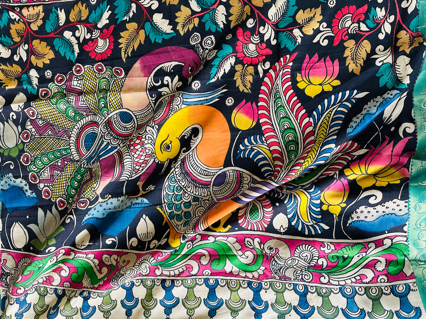 Pen Kalamkari with zari border in Silk - with silk Mark