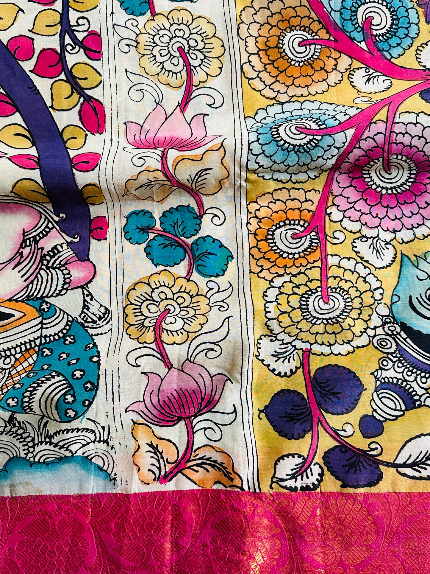 Pen Kalamkari with zari border in Silk - with silk Mark