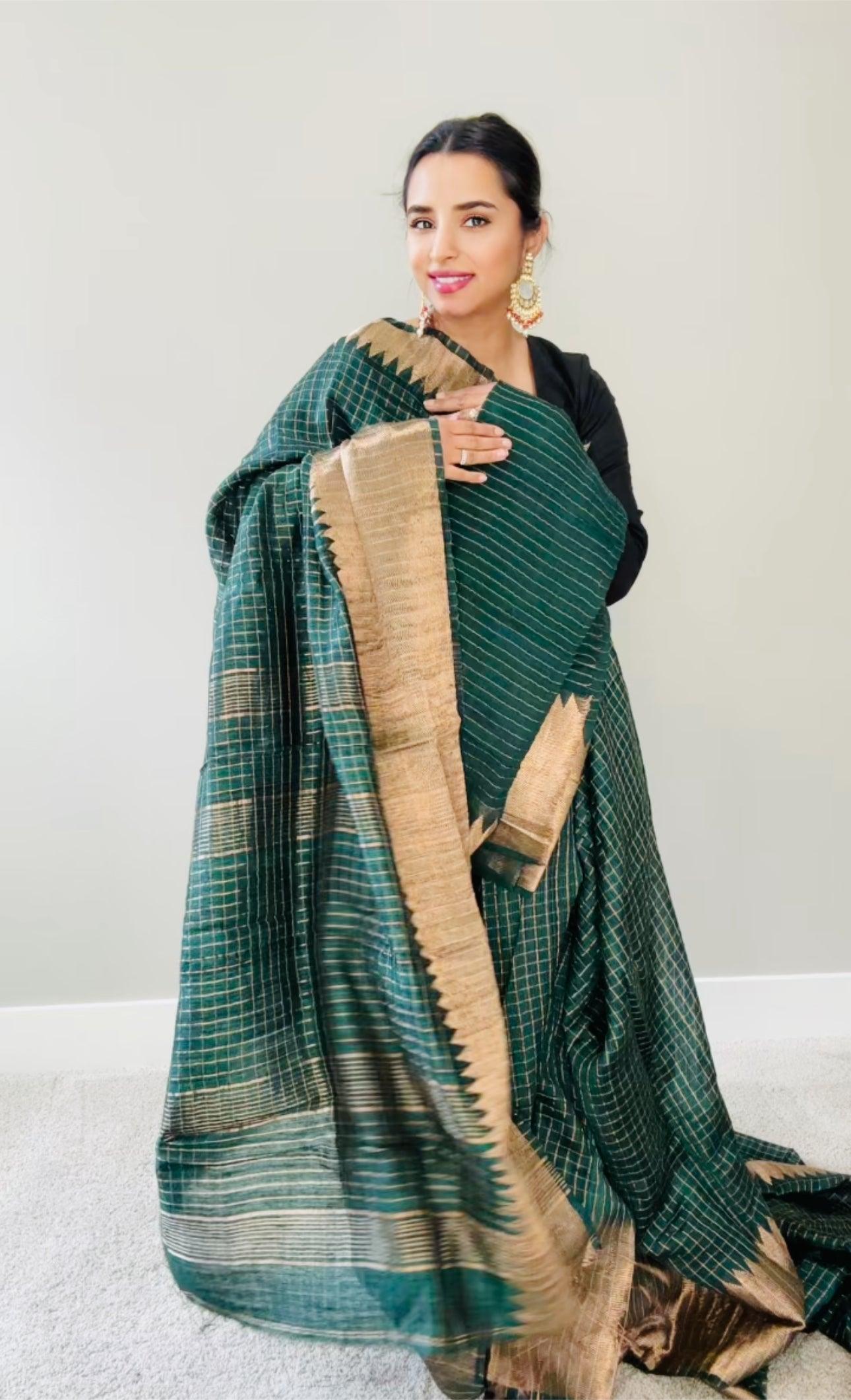 Kanjeewaram Check Saree large border on pure Matka Silk - Green