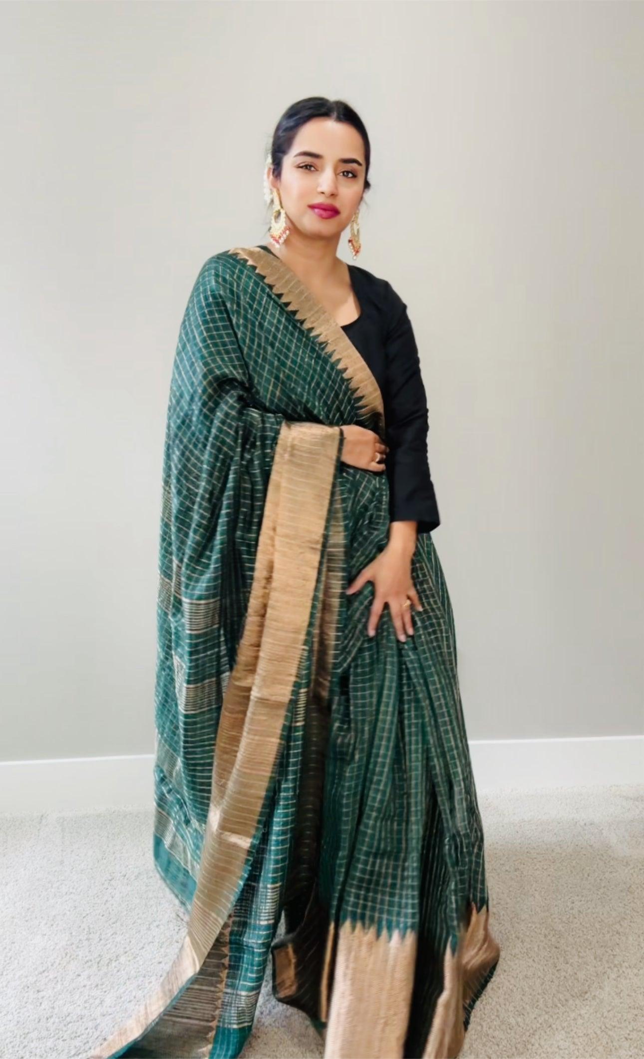 Kanjeewaram Check Saree large border on pure Matka Silk - Green