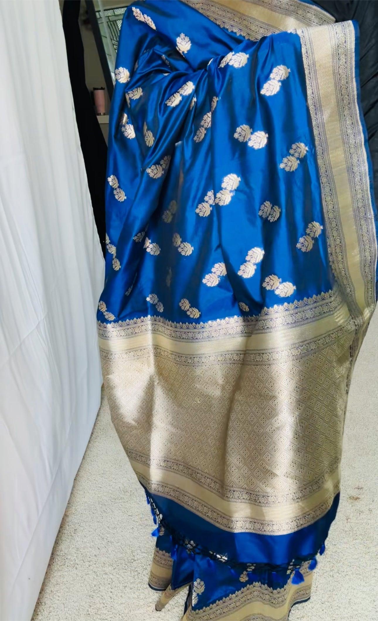 Exquisite Blue Handwoven Katan Silk Saree with Gold Zari Silk Mark Saree with blouse