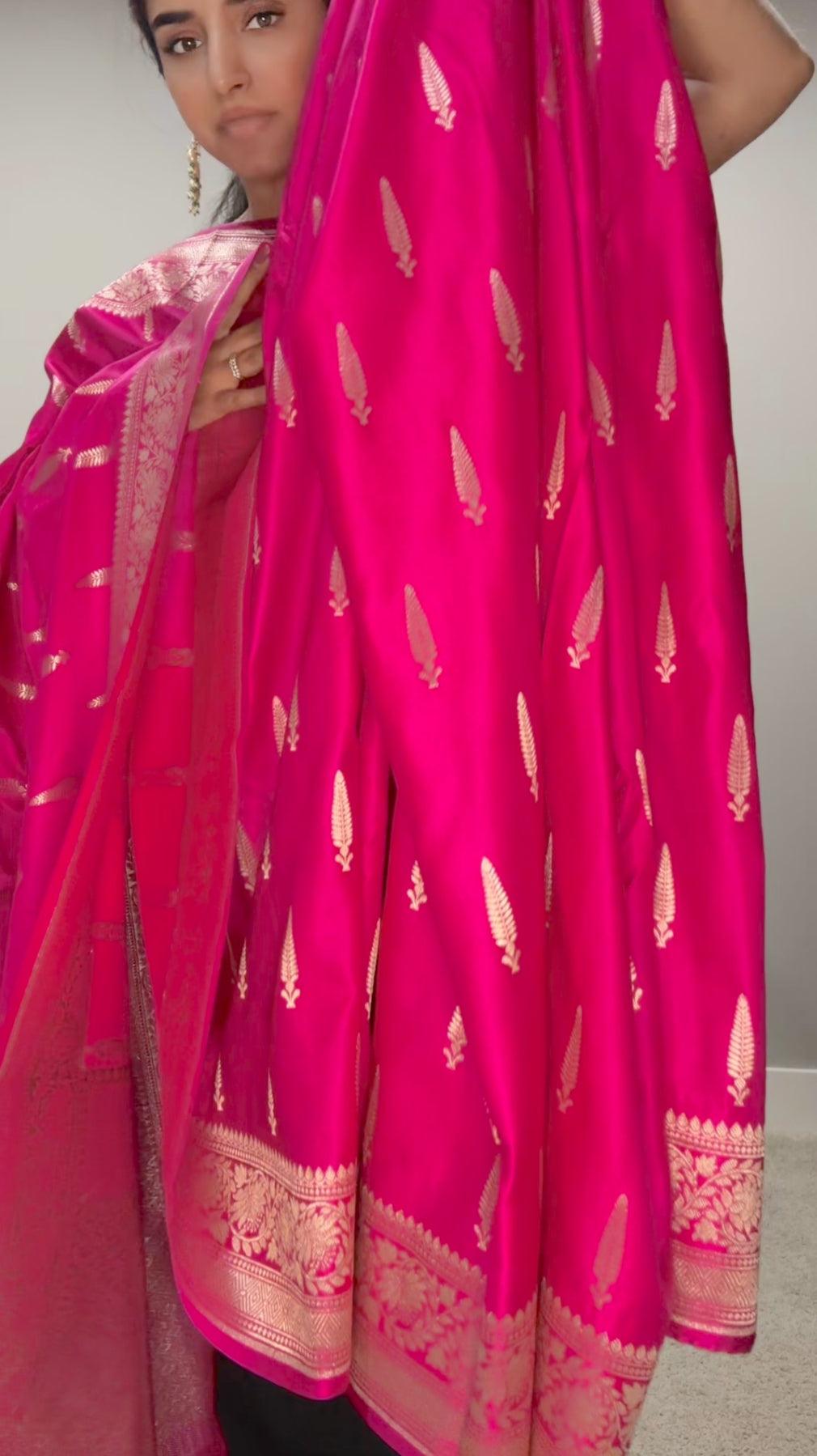 Banarasi Silk Saree Mashru - Dark Pink