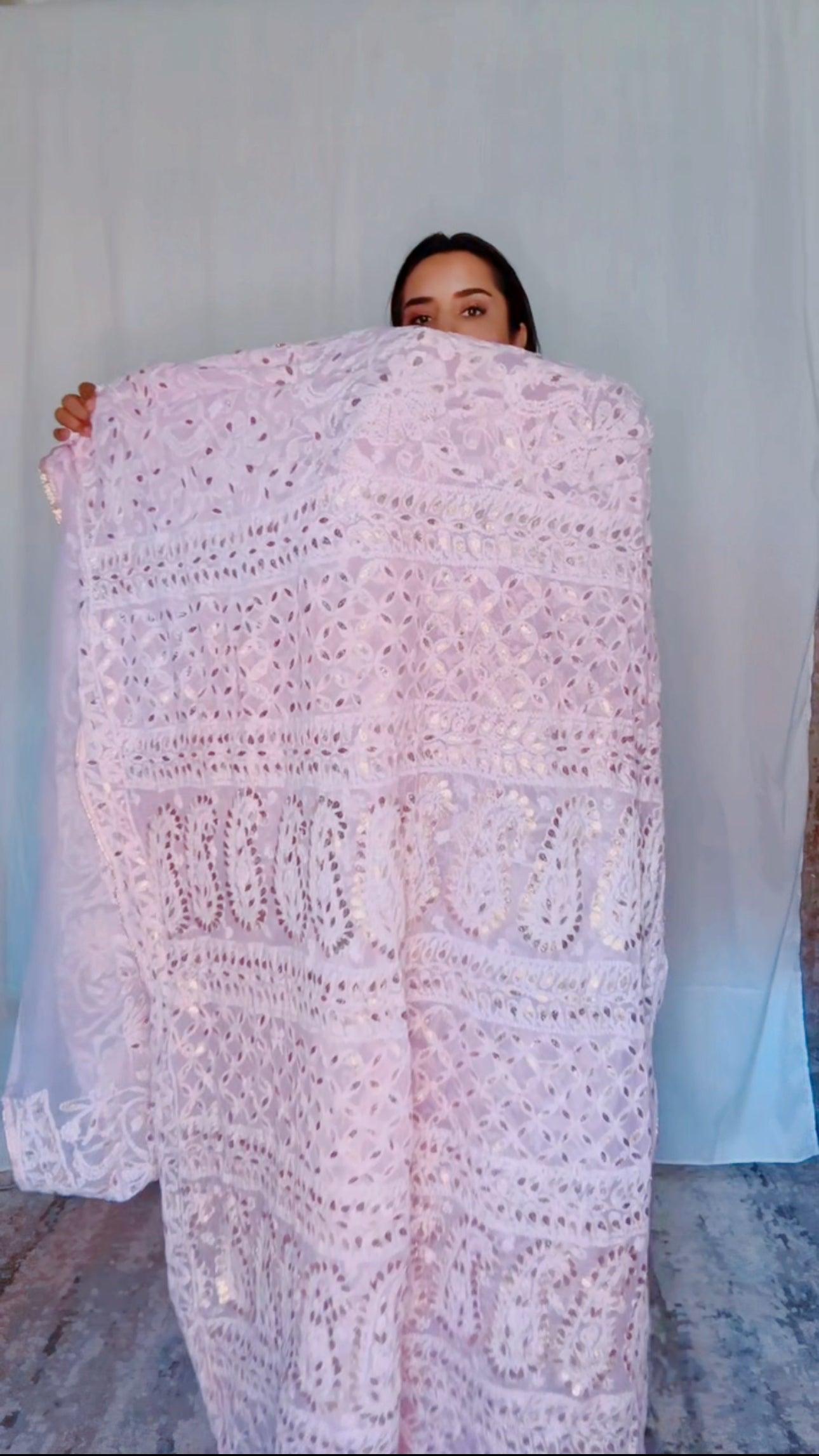 Authentic Hand Lucknowi Chikankari Full Jaal  with Gotta Patti  Georgette Saree Pastel Pink