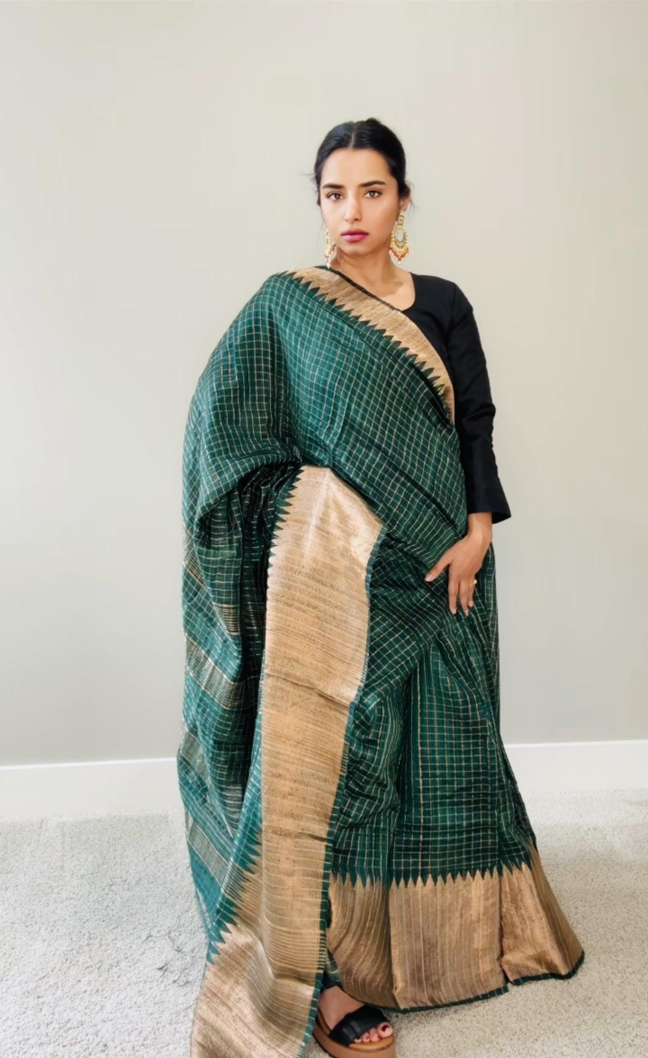Kanjeewaram Check Saree large border on pure Matka Silk - Green