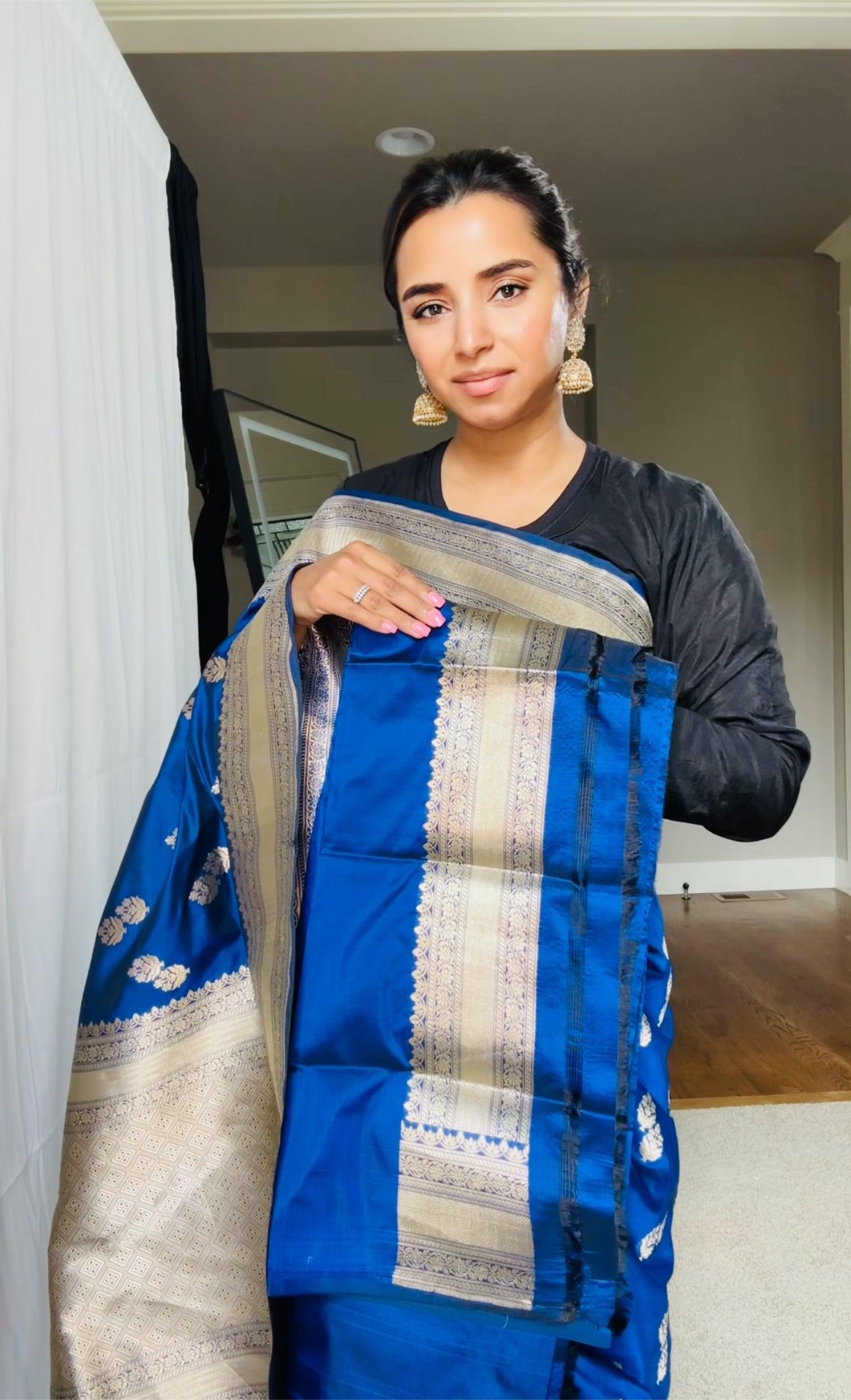 Exquisite Blue Handwoven Katan Silk Saree with Gold Zari Silk Mark Saree with blouse