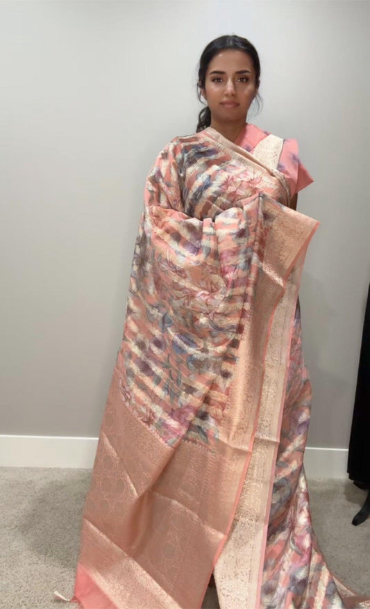 Banarsi Georgette Leheriya Saree - Peach with digital print