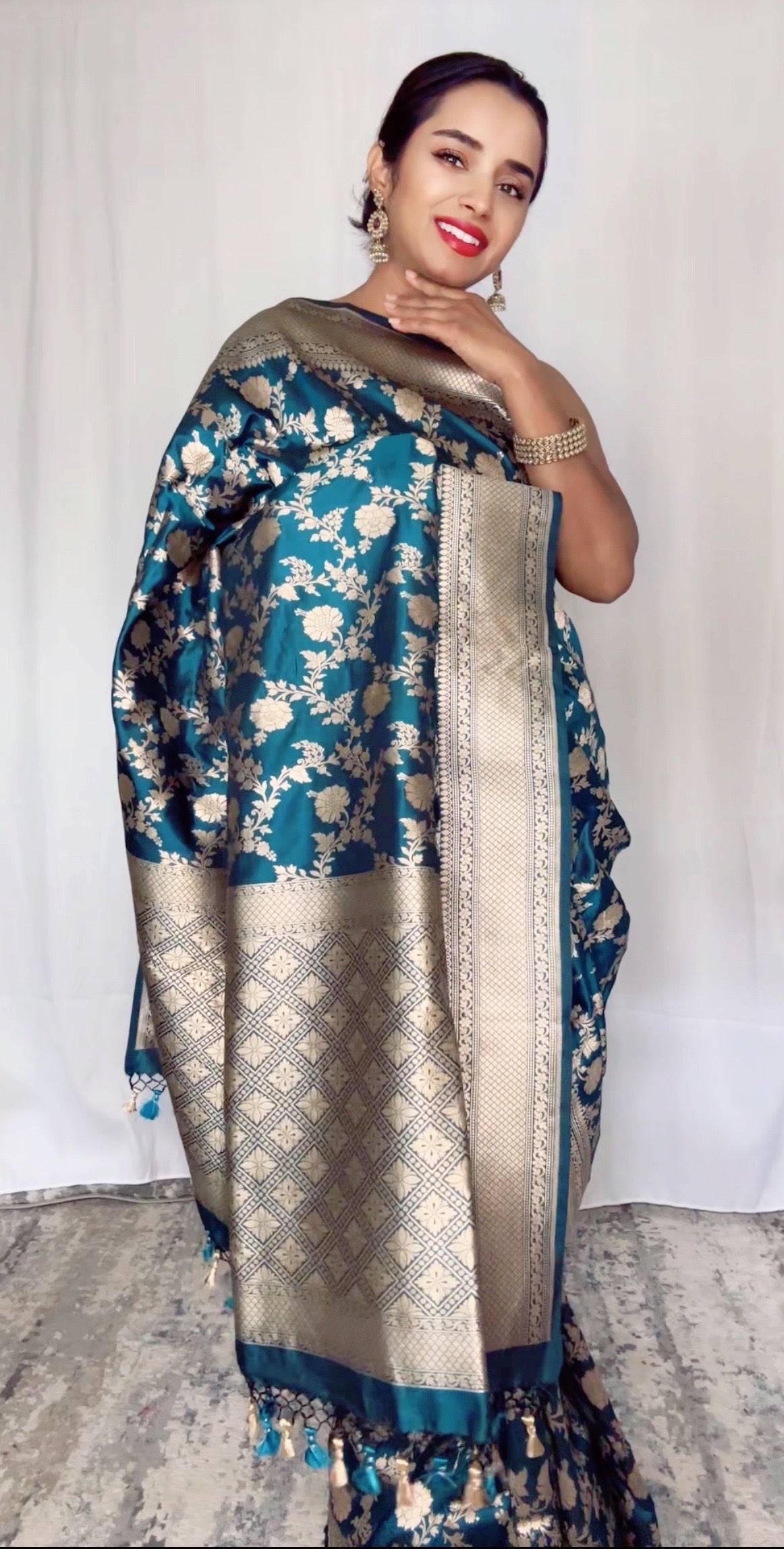 Exquisite  Handwoven Katan Silk Saree Teal Silk Mark certified