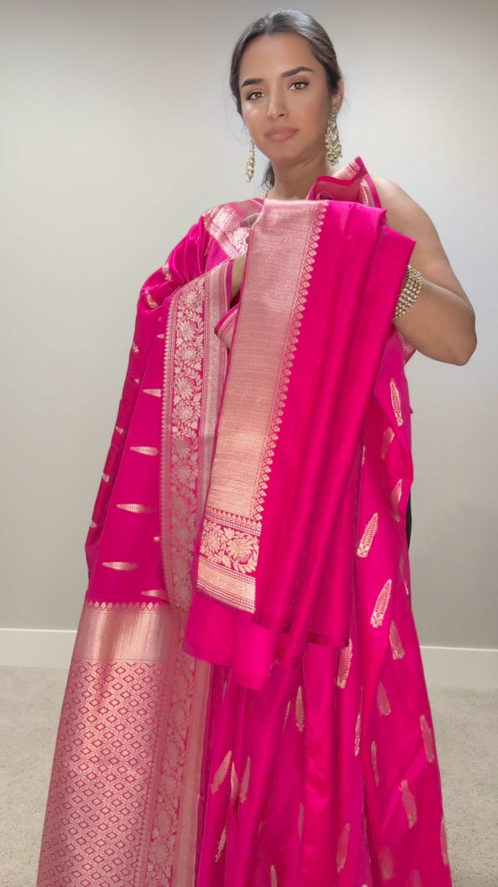 Banarasi Silk Saree Mashru - Dark Pink