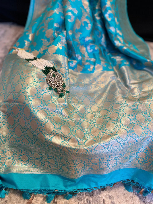 Banarasi Pure Mulberry Katan Silk Saree with Gold Zari Blue