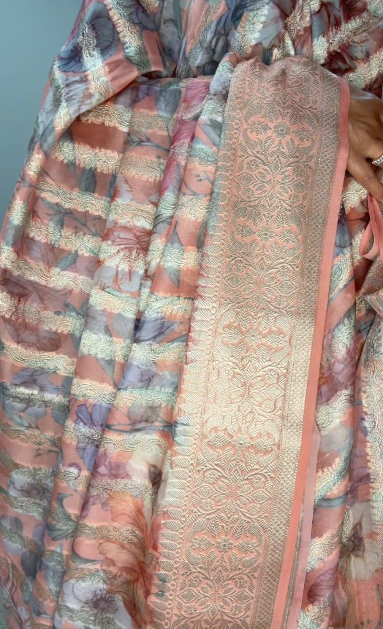 Banarsi Georgette Leheriya Saree - Peach with digital print