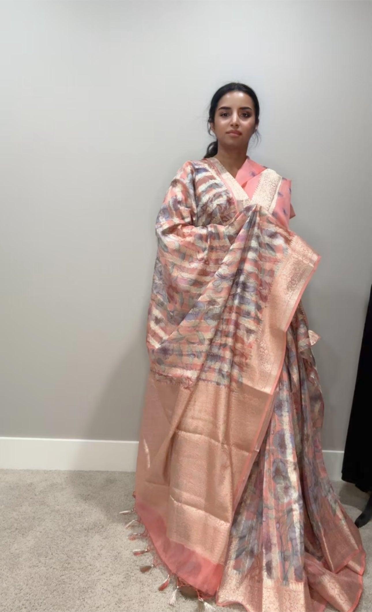 Banarsi Georgette Leheriya Saree - Peach with digital print