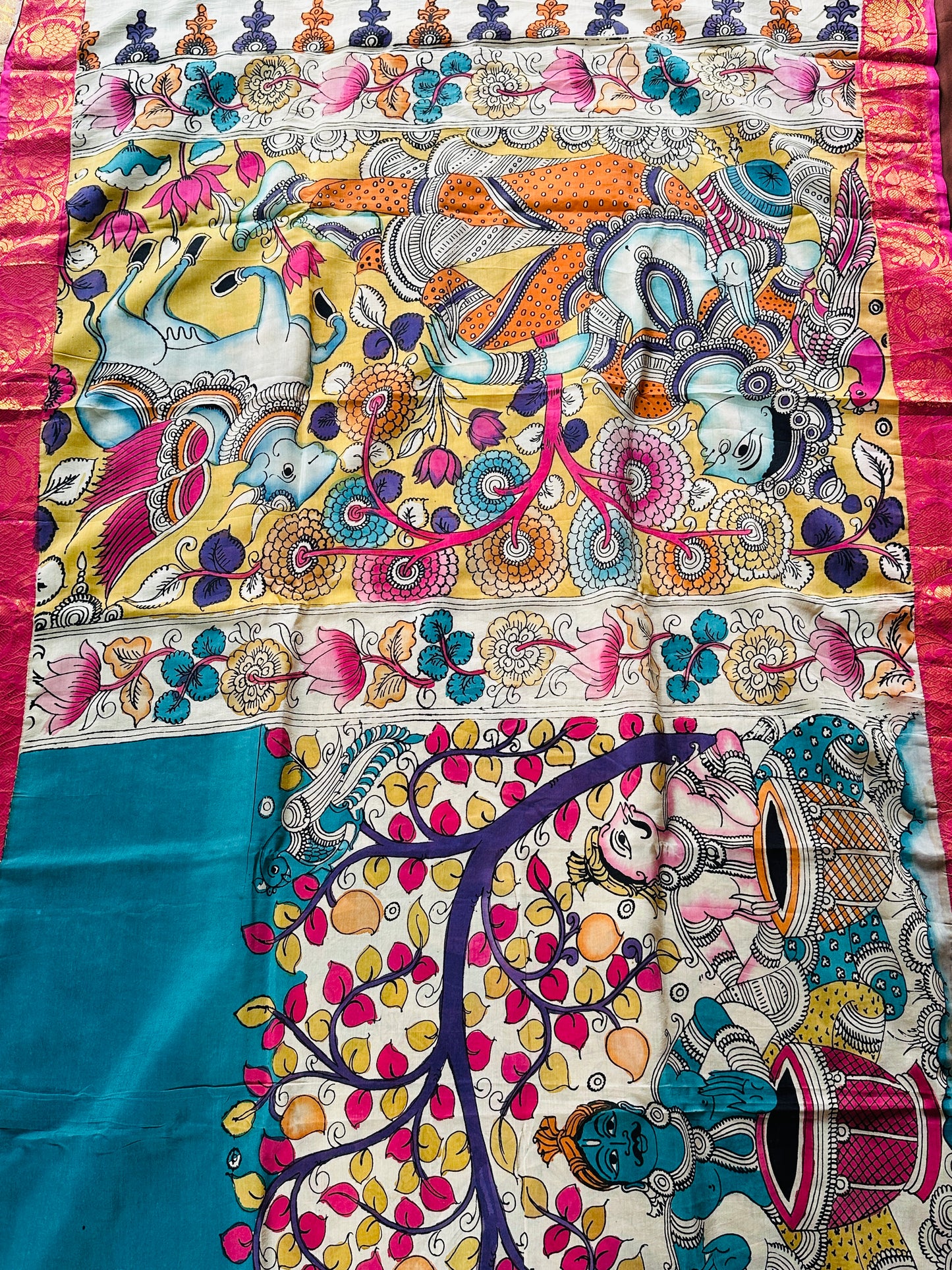 Pen Kalamkari with zari border in Silk - with silk Mark