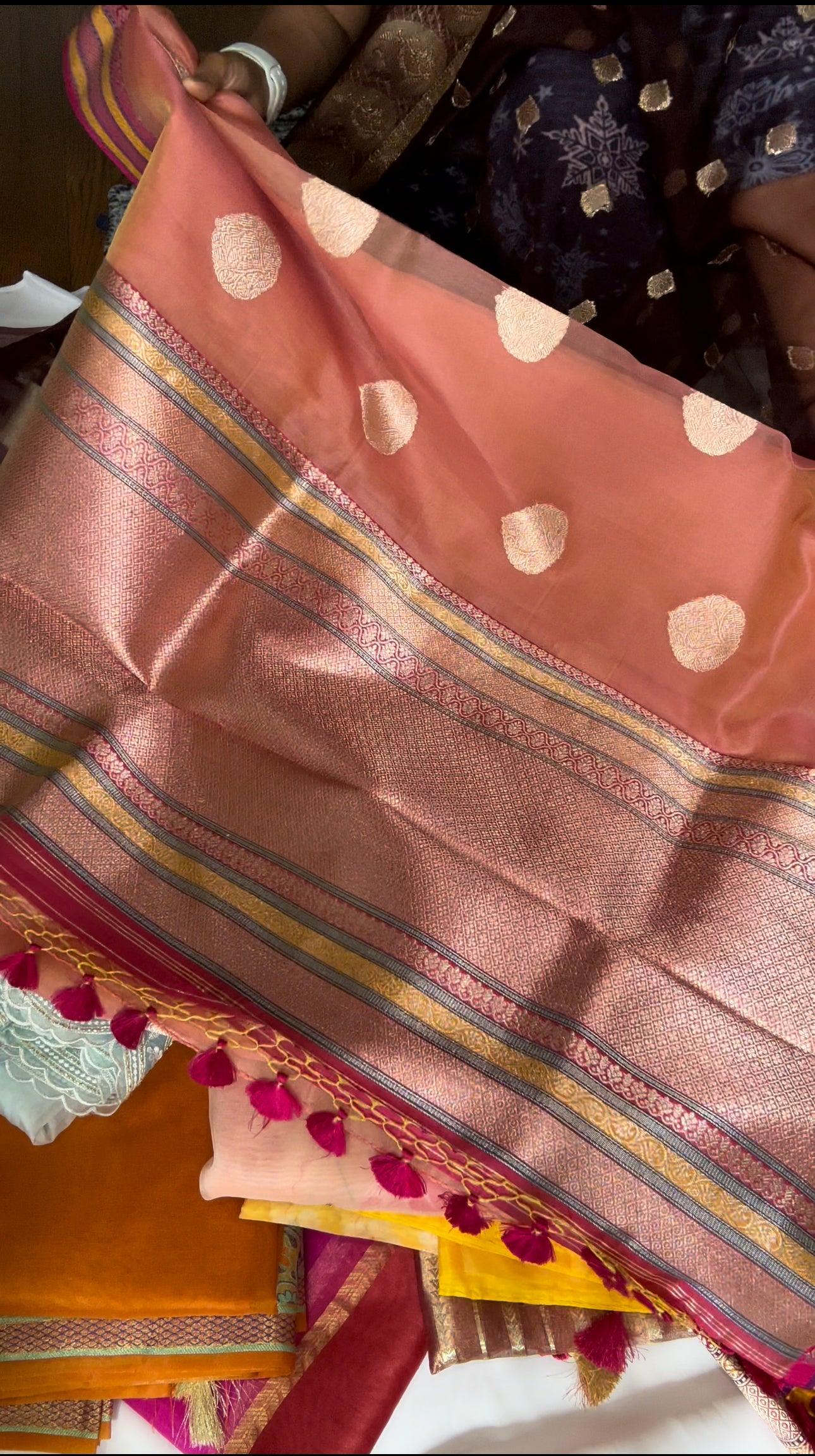 Pure Banarsi Kora by Katan handwoven kaduwa saree with Katan Silk Rangkart Border and Pallu- Gold Zari