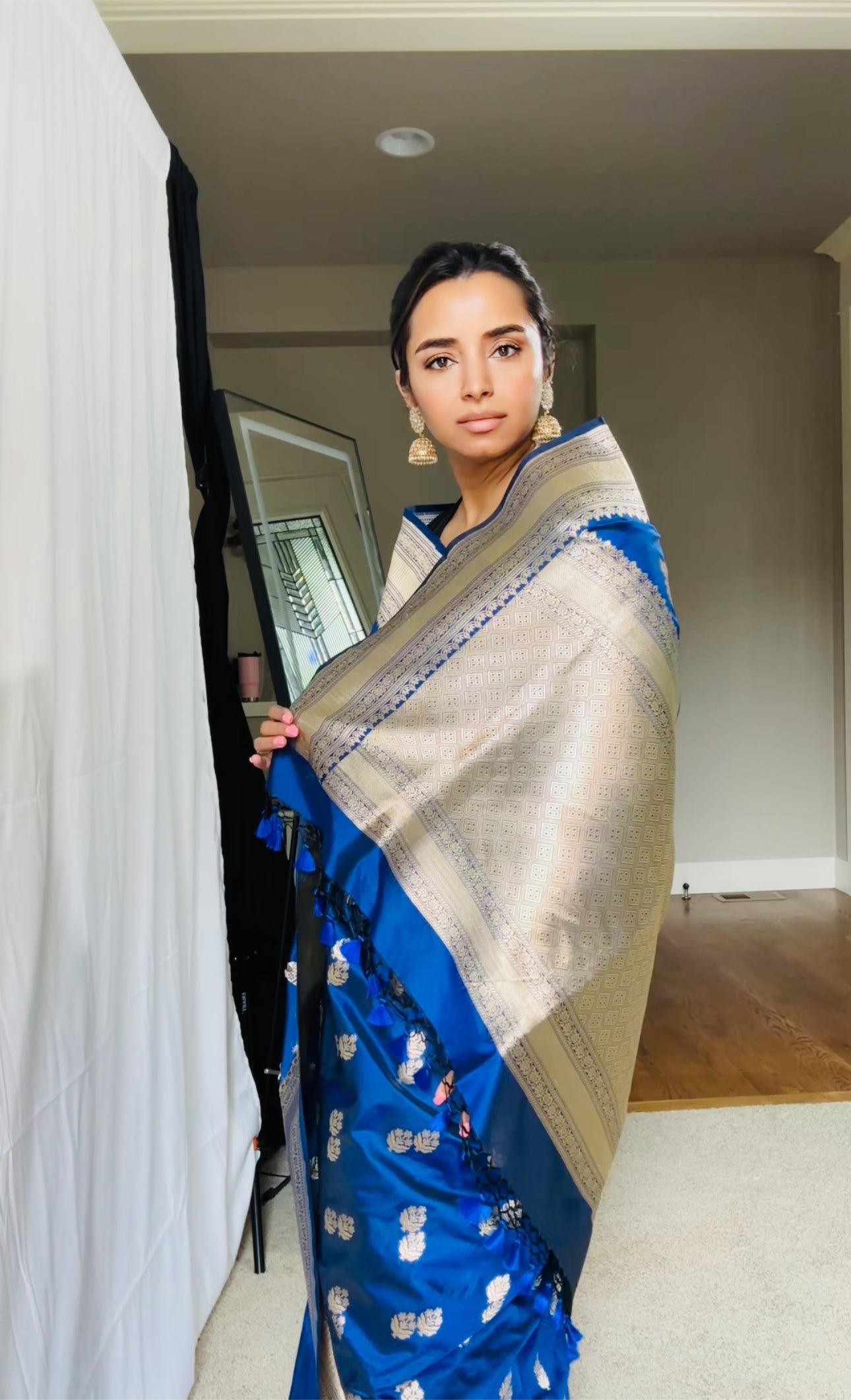 Exquisite Blue Handwoven Katan Silk Saree with Gold Zari Silk Mark Saree with blouse