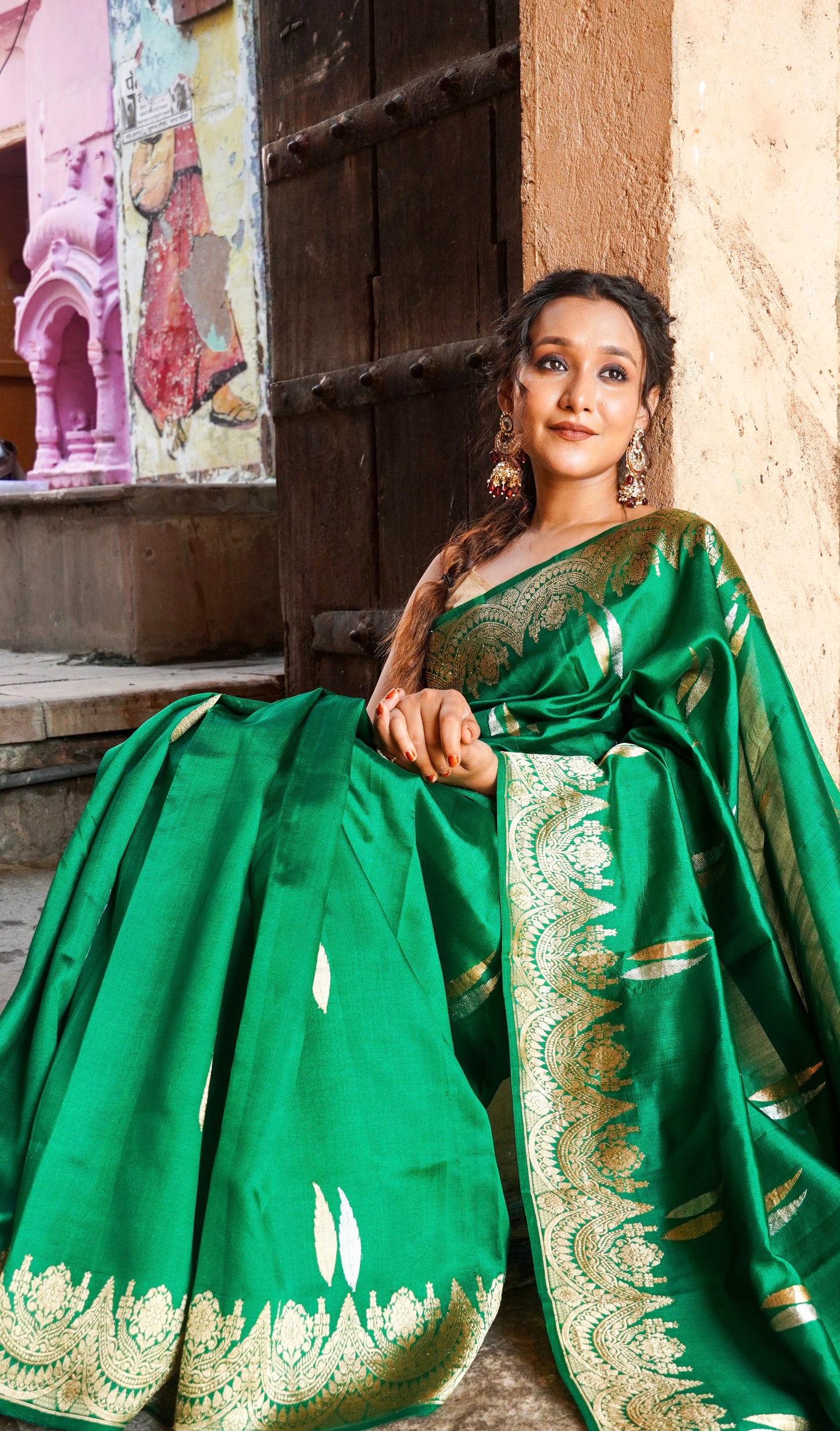 Banarasi  Pure Katan by Mashru Silk Handwoven  Saree - Sona Rupa - Kaduwa Green