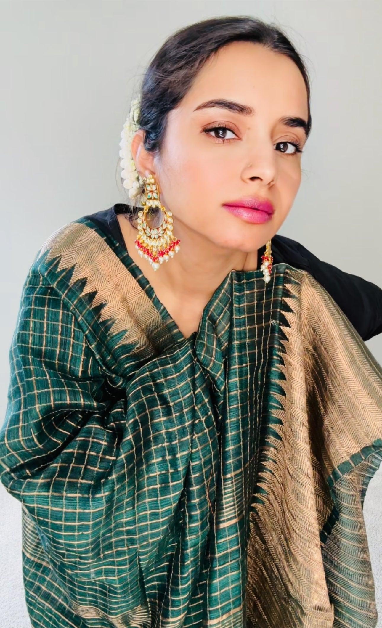 Kanjeewaram Check Saree large border on pure Matka Silk - Green