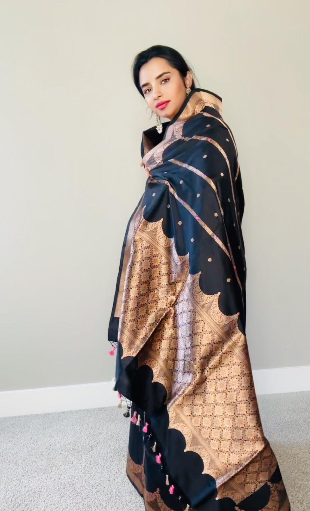 Exquisite Banarasi Handwoven Black Katan Silk Saree Kaduwa with Gold Zari Silk Mark Saree with blouse