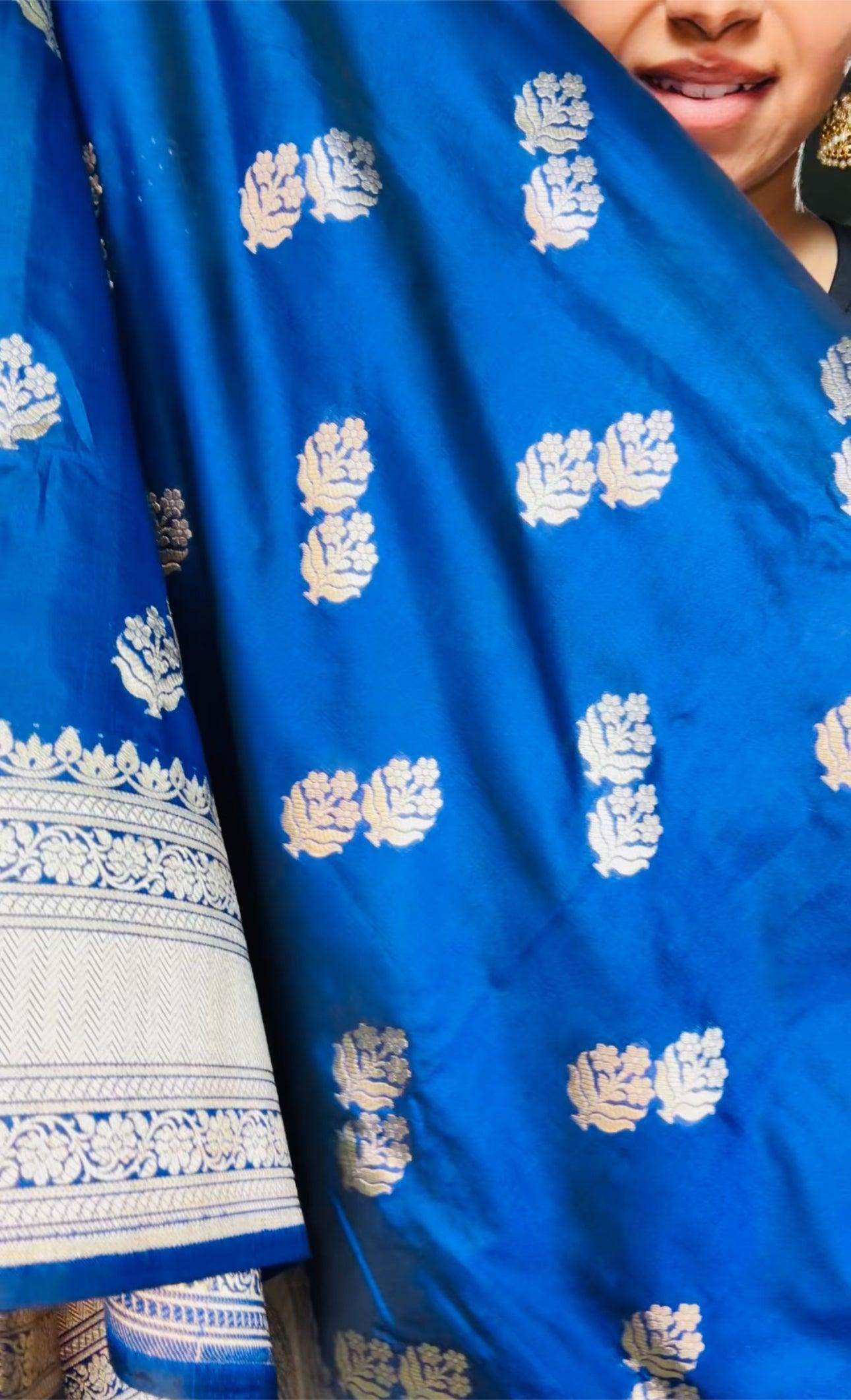 Exquisite Blue Handwoven Katan Silk Saree with Gold Zari Silk Mark Saree with blouse