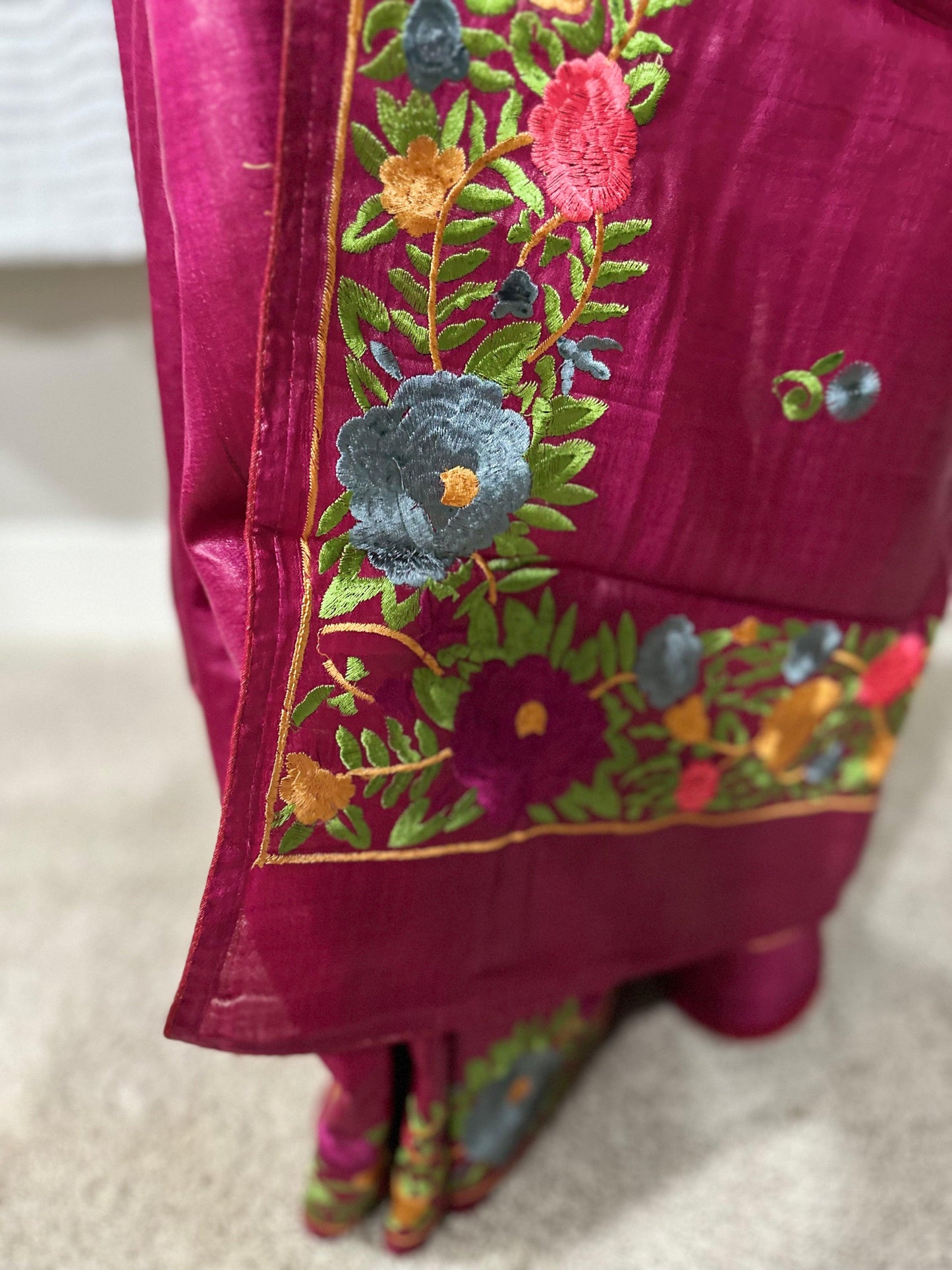 Parsi Gara Inspired Embroidered Tussar Silk Saree