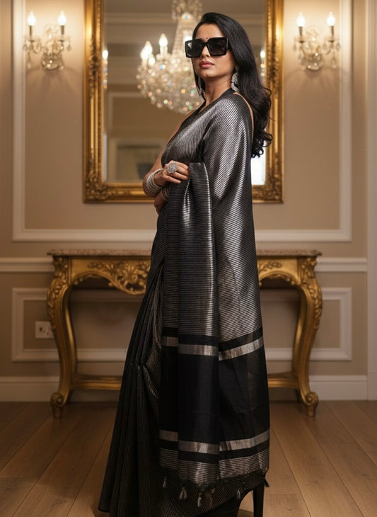 Noor Banarasi Pure Tissue Silk Handwoven Saree with blouse fabric with silver Zari stripes