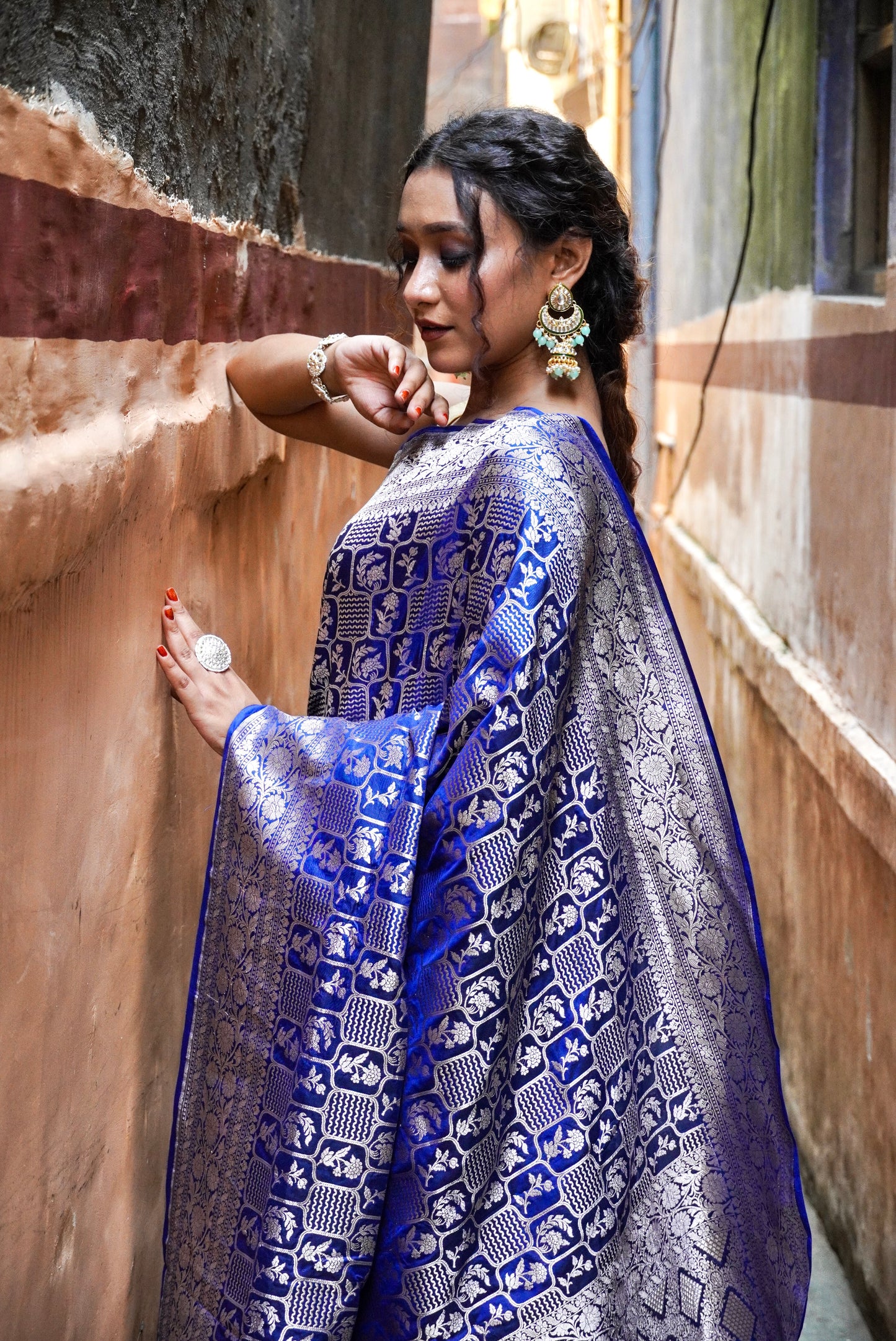 Exquisite  Handwoven Katan Silk Saree Blue  - Silk Mark certified