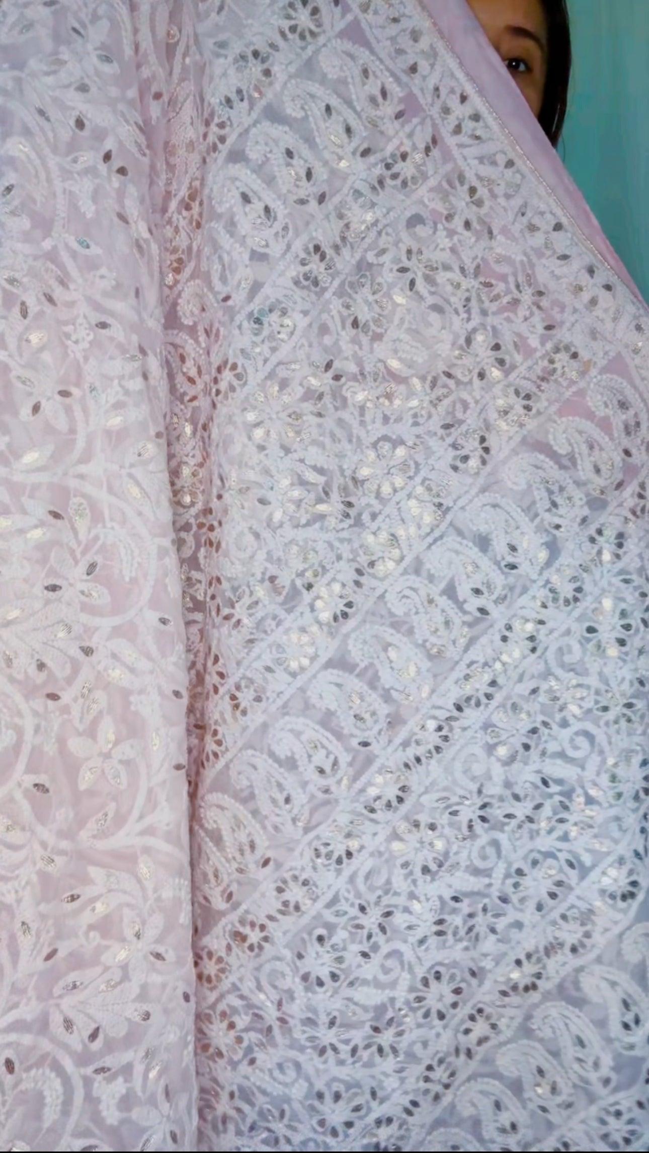 Authentic Hand Lucknowi Chikankari Full Jaal  with Gotta Patti  Georgette Saree Pastel Pink