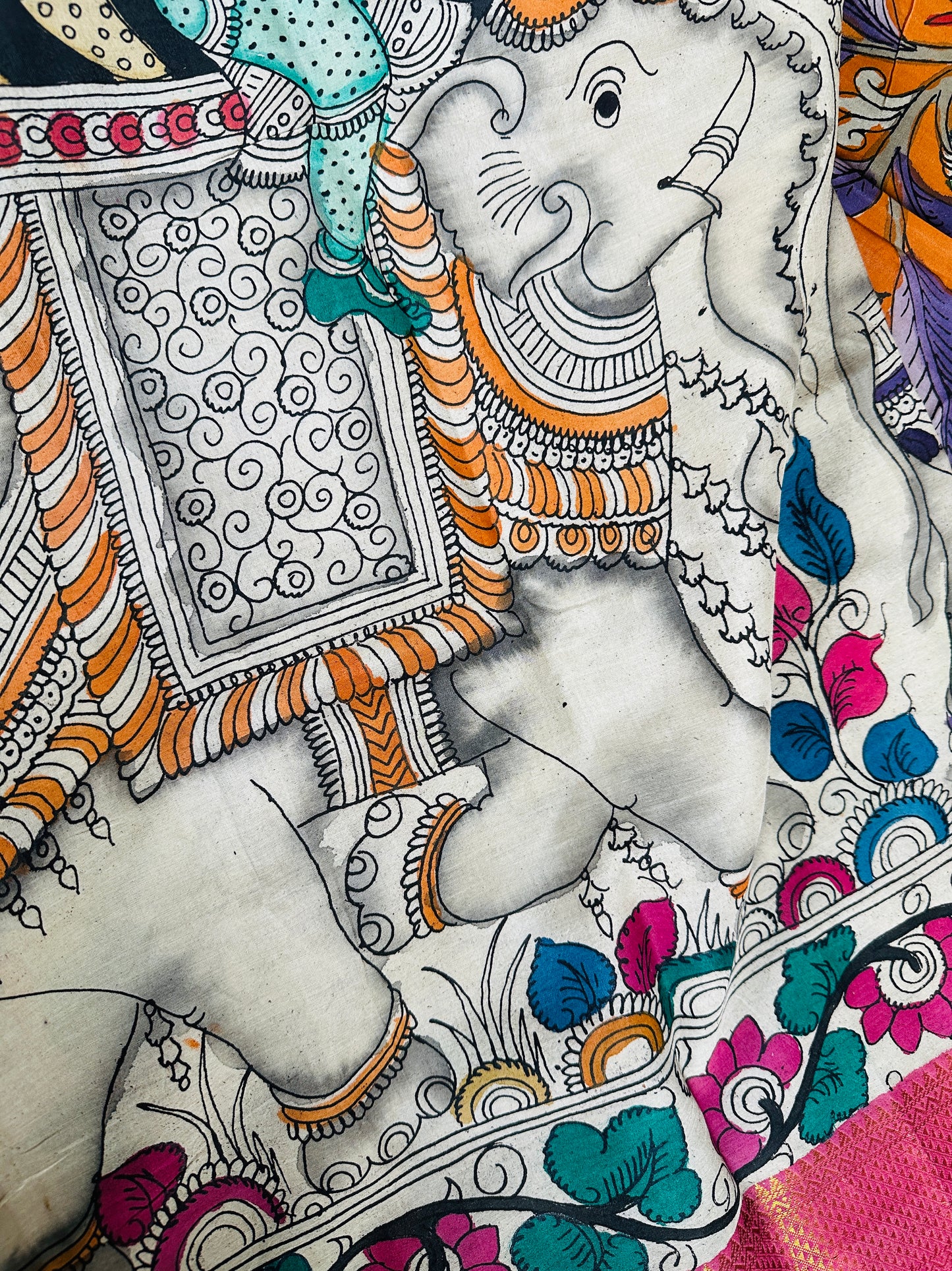 Pen Kalamkari with zari border in Silk - with silk Mark