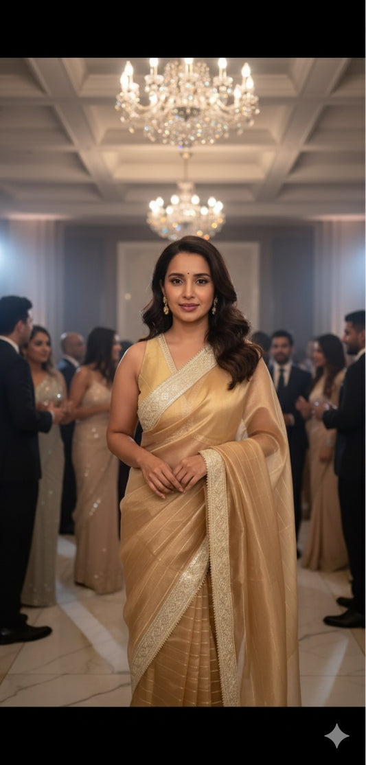 The Golden Hour Saree - Banarasi Pure Tissue Silk Handwoven Saree with blouse fabric - Ivory