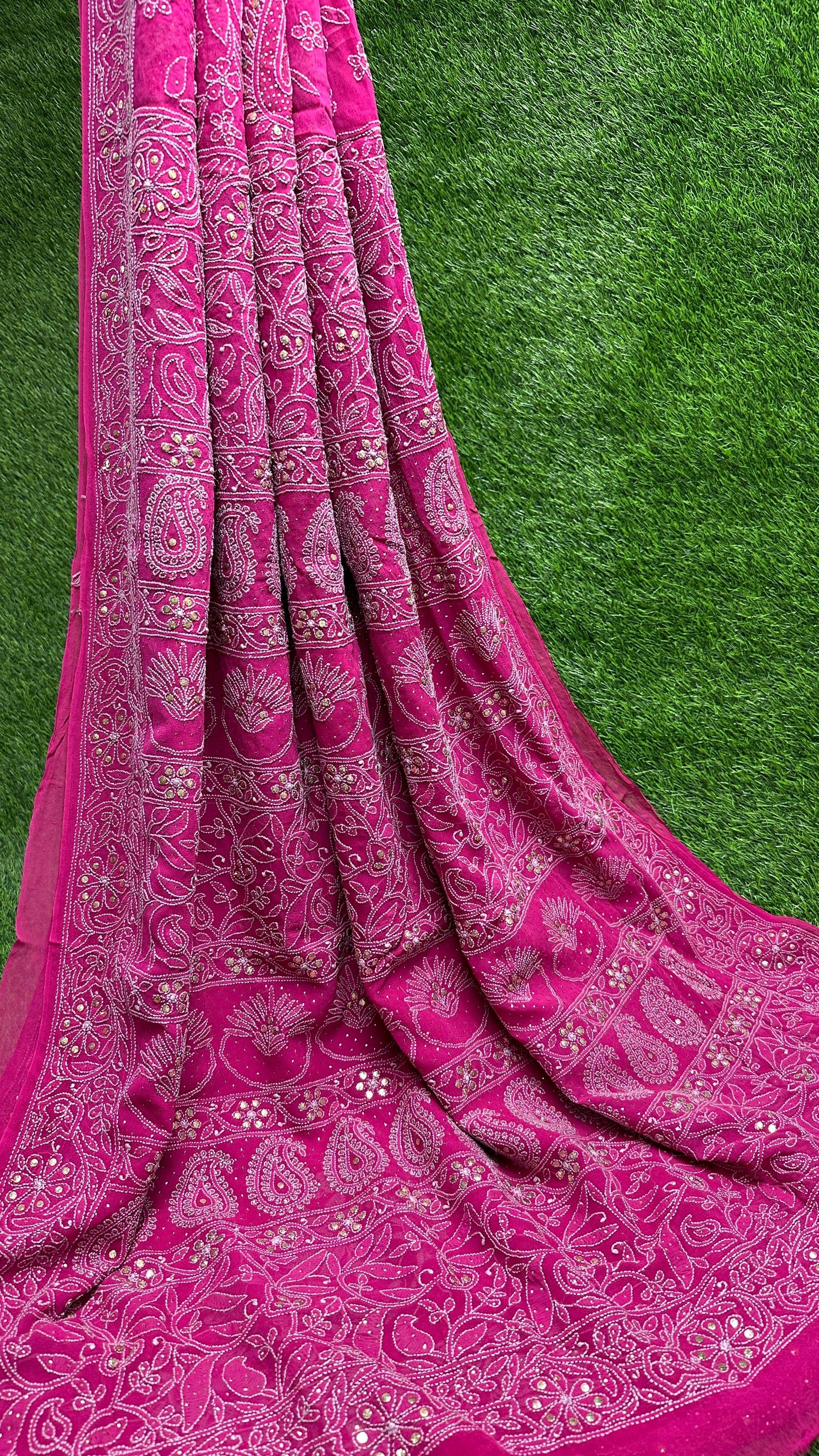 Authentic Pure Georgette Hand Lucknowi Chikankari saree with Mukesh