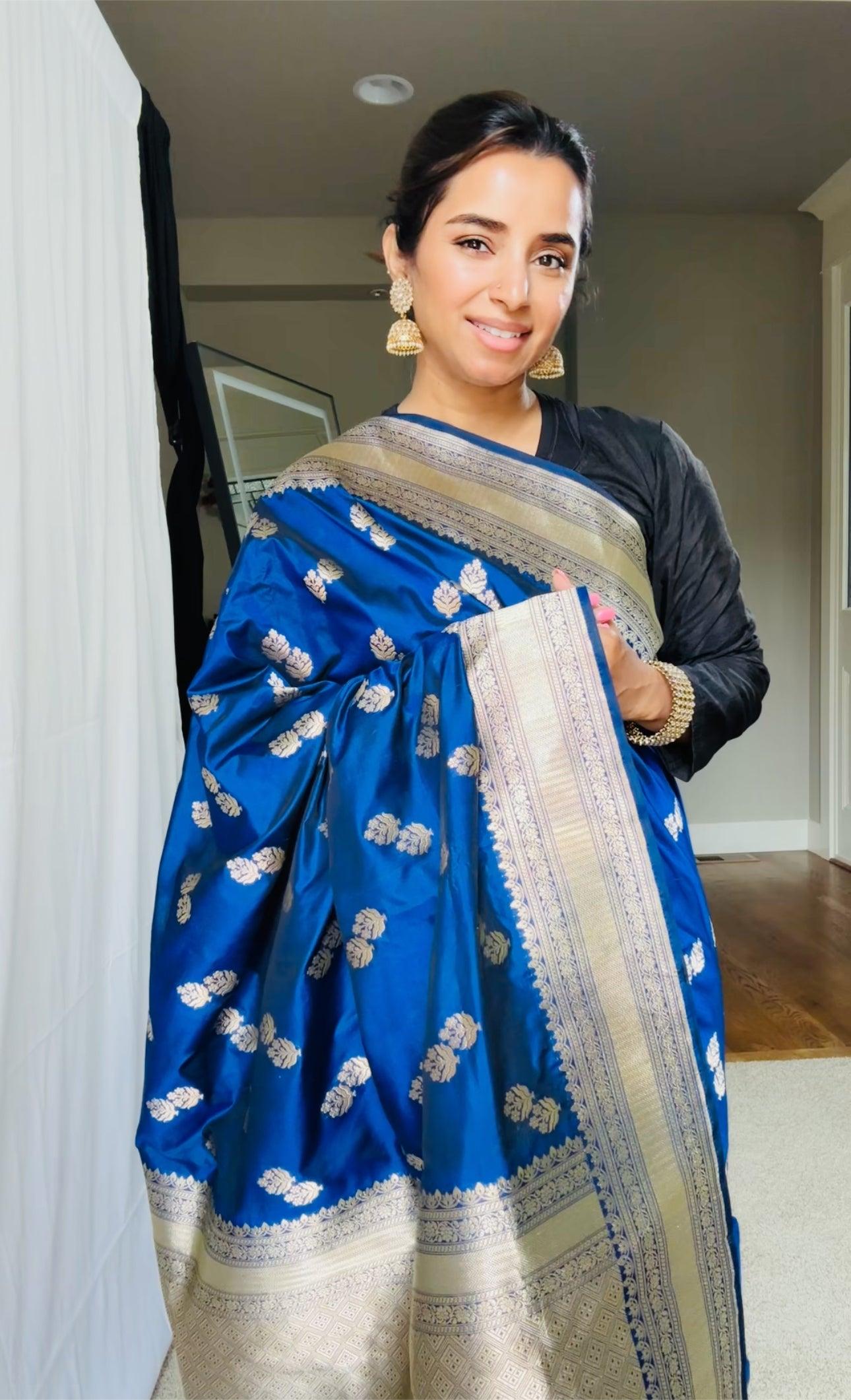 Exquisite Blue Handwoven Katan Silk Saree with Gold Zari Silk Mark Saree with blouse
