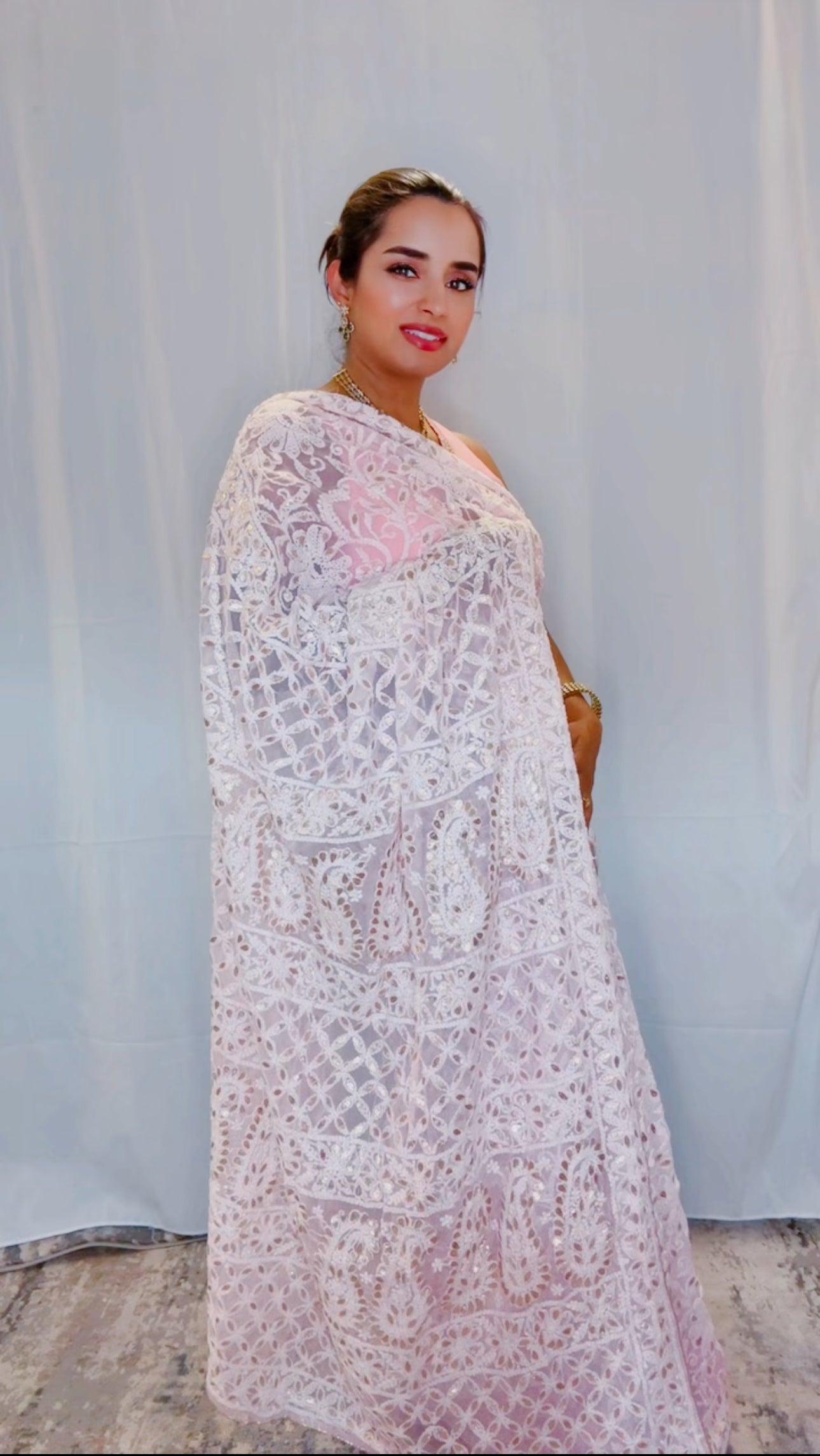 Authentic Hand Lucknowi Chikankari Full Jaal  with Gotta Patti  Georgette Saree Pastel Pink