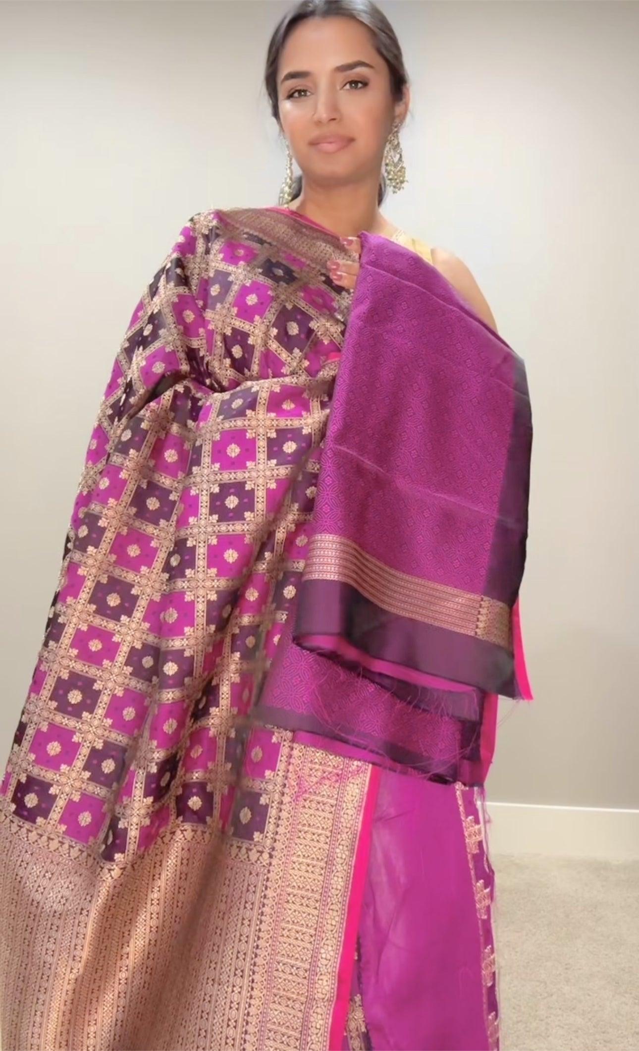 Banarasi Silk Saree Pure Mashru - Iktara weaving- Purple Garchola