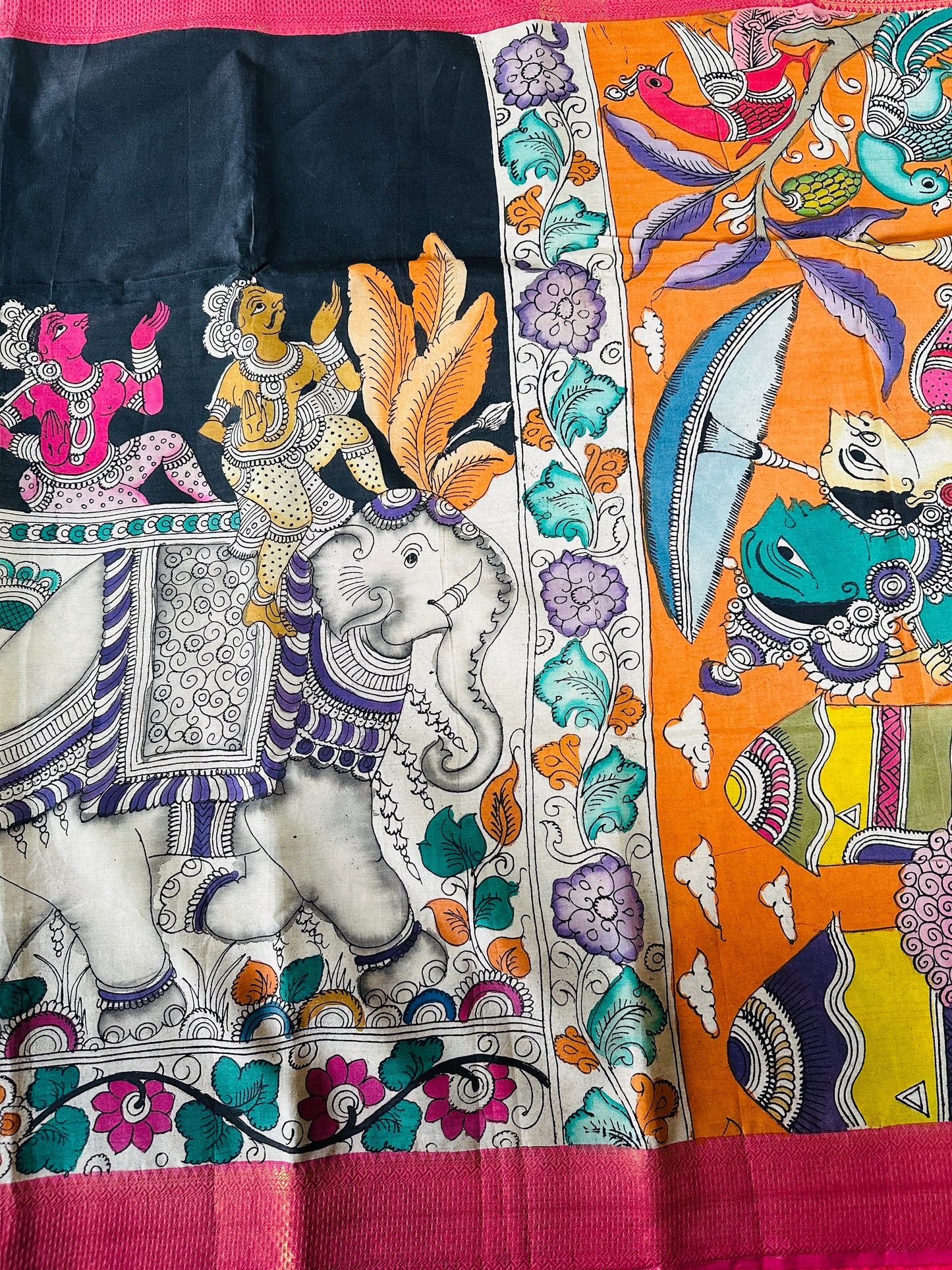Pen Kalamkari with zari border in Silk - with silk Mark