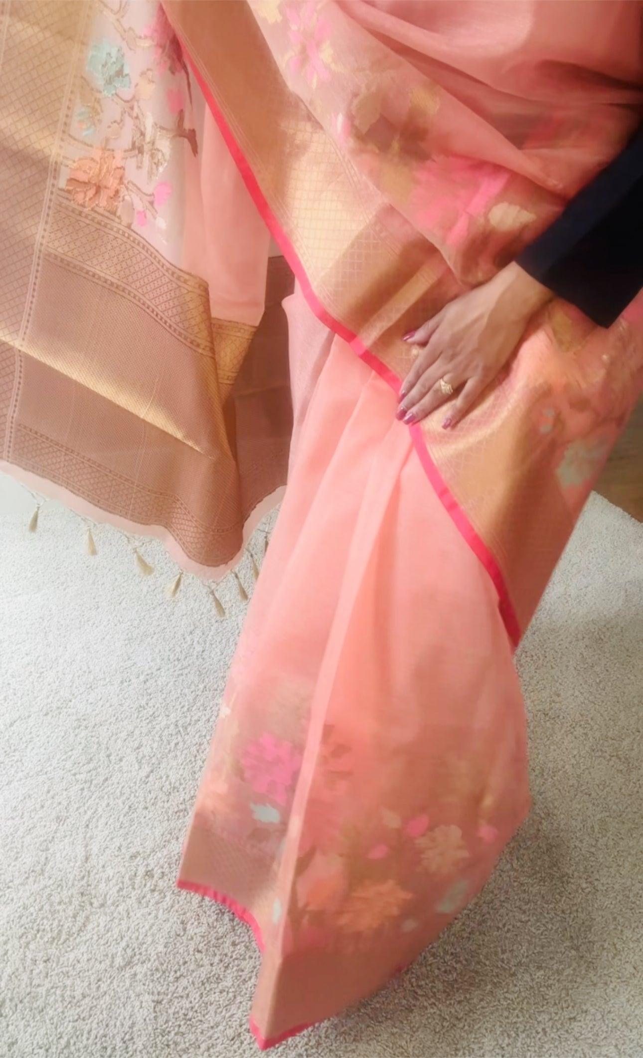 Banarasi Tissue Silk Saree with Skirt Border and sticthed blouse