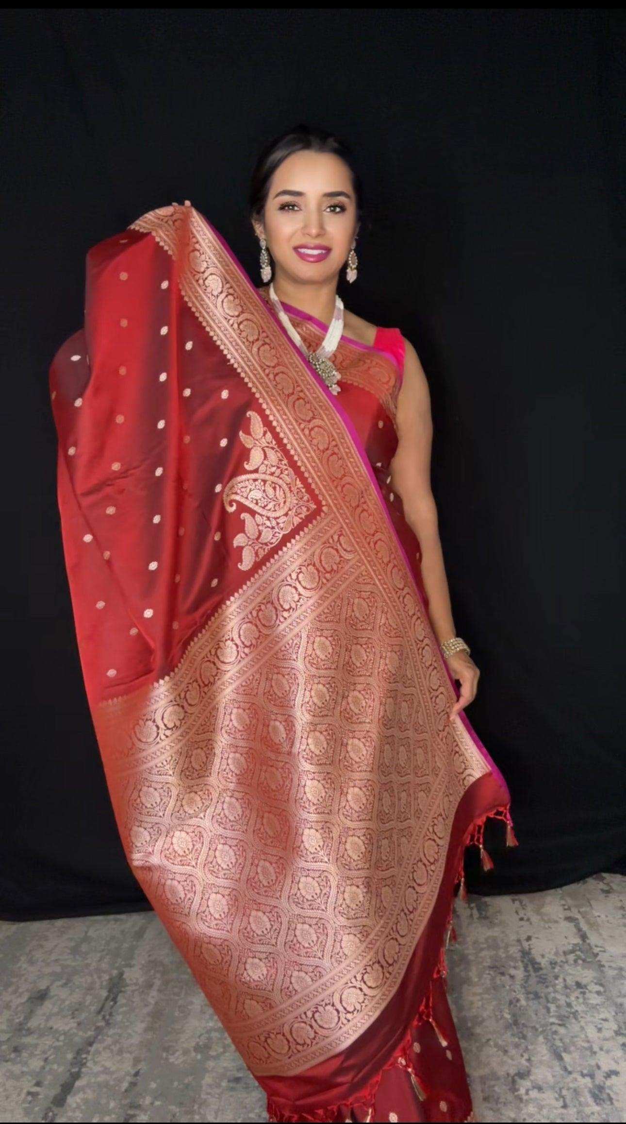 Banarasi Silk Saree Mashru - Dark Pink