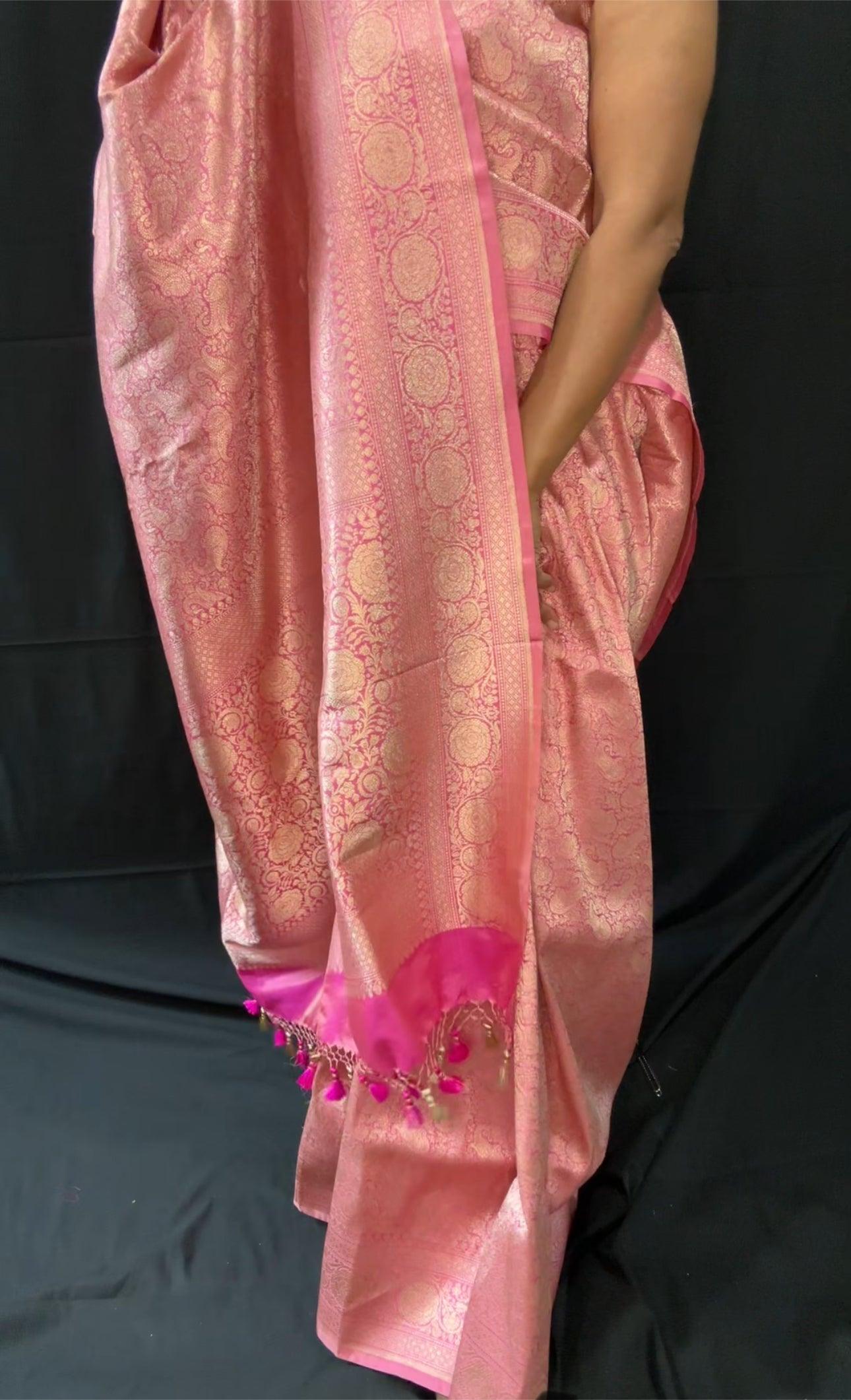 Tanchoi Banarasi Handwoven Pink Katan Silk Saree with Gold Zari Silk Mark Saree with blouse