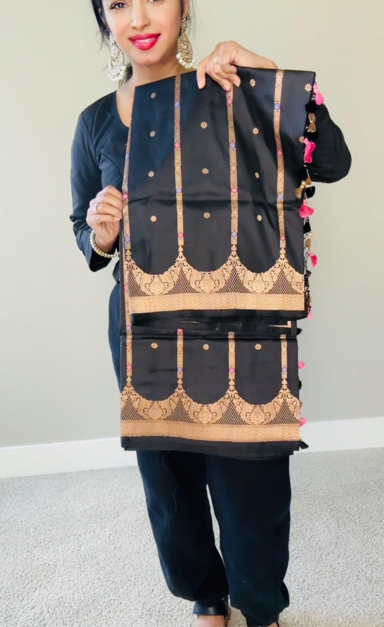 Exquisite Banarasi Handwoven Black Katan Silk Saree Kaduwa with Gold Zari Silk Mark Saree with blouse