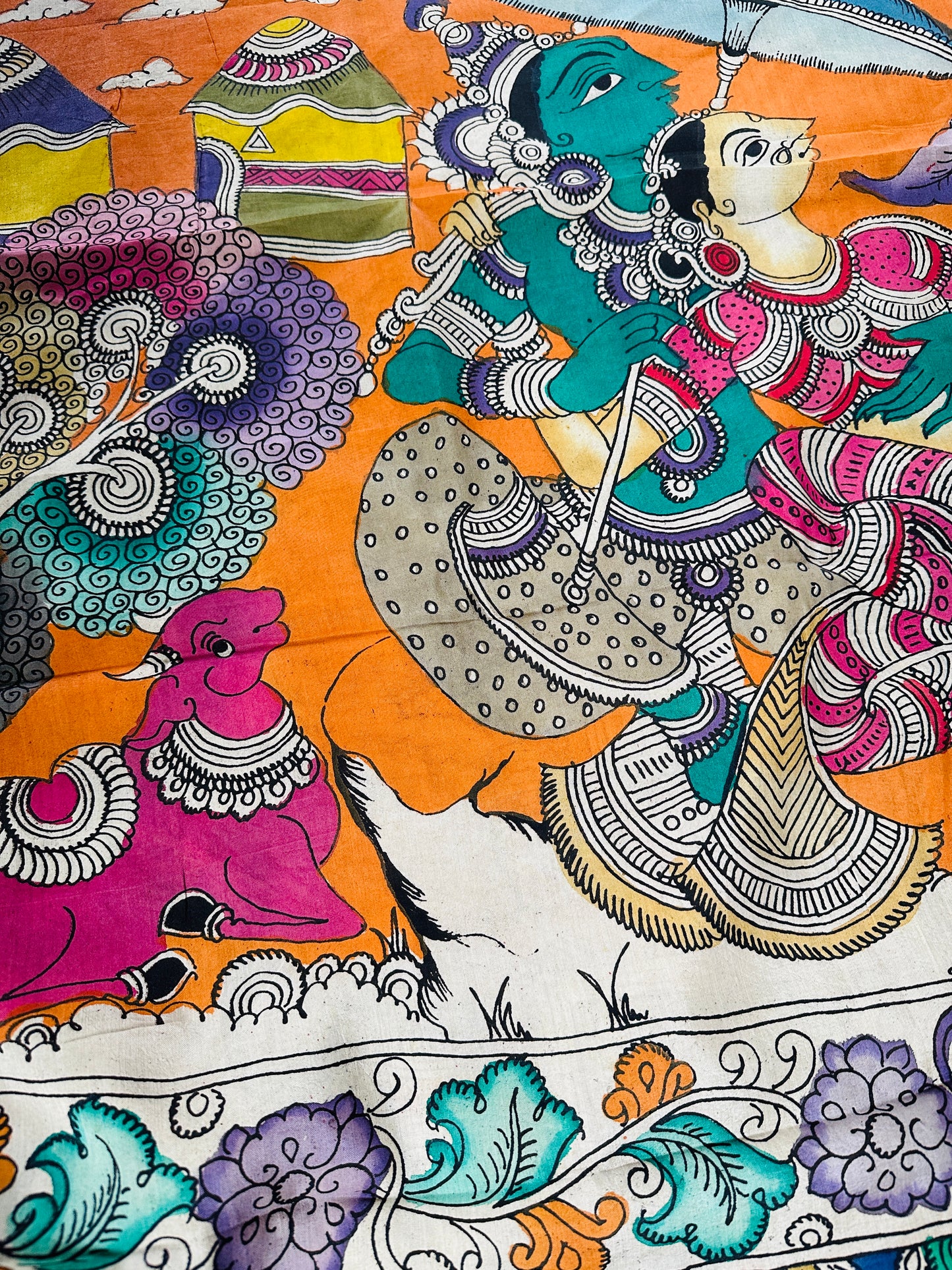 Pen Kalamkari with zari border in Silk - with silk Mark