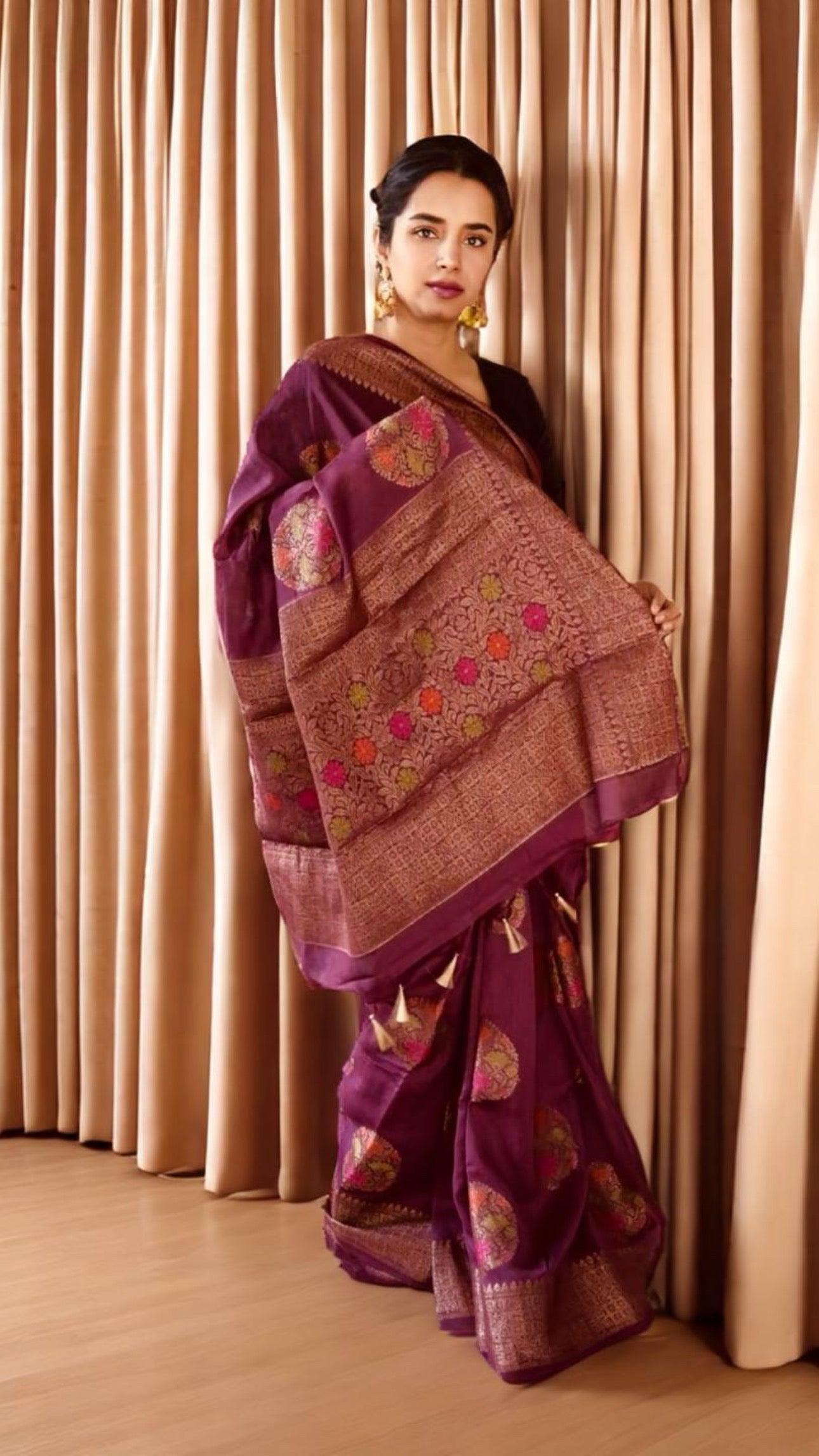 Meenakari Moonga Georgette Banarsi Silk Saree with silk mark