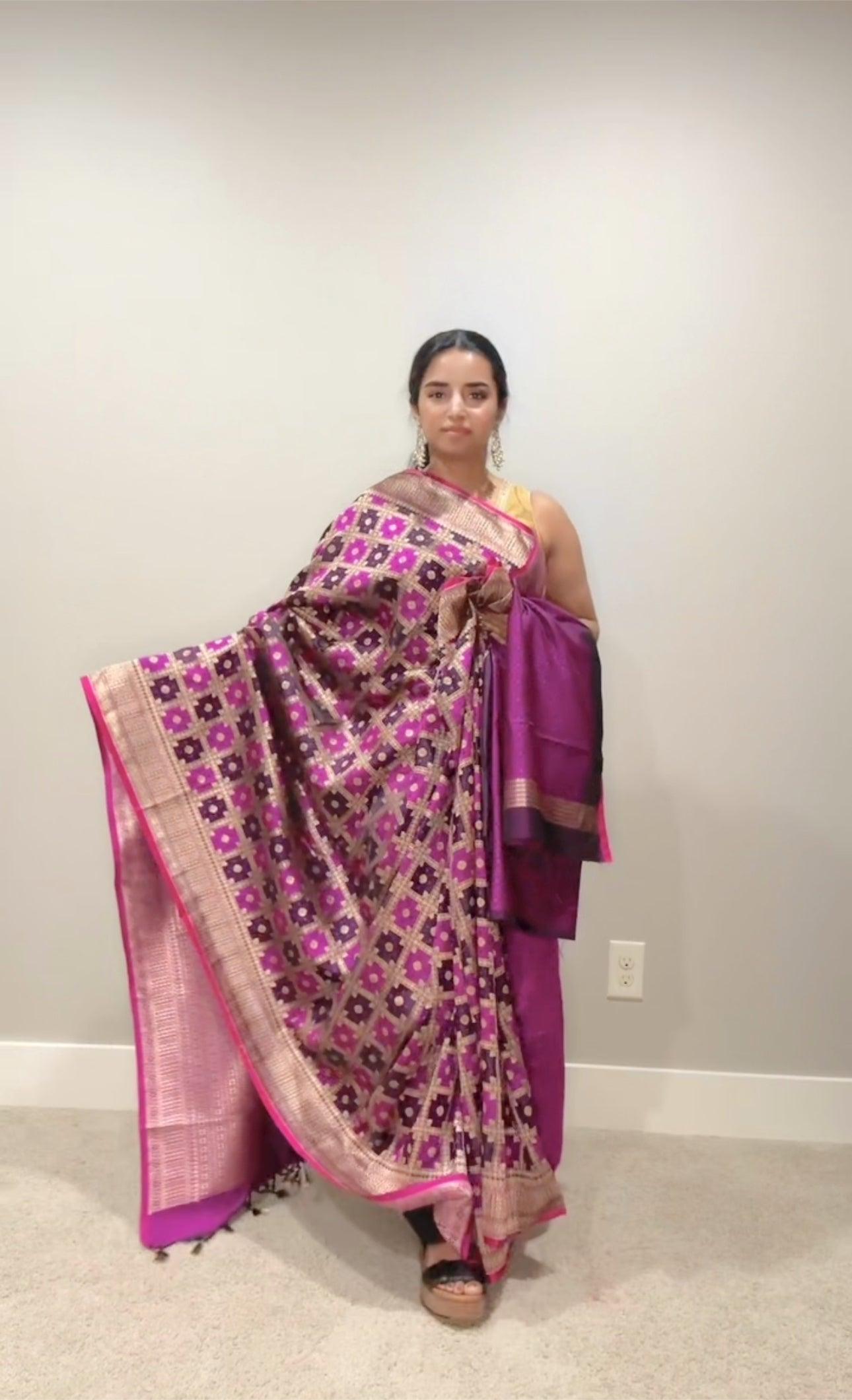 Banarasi Silk Saree Pure Mashru - Iktara weaving- Purple Garchola