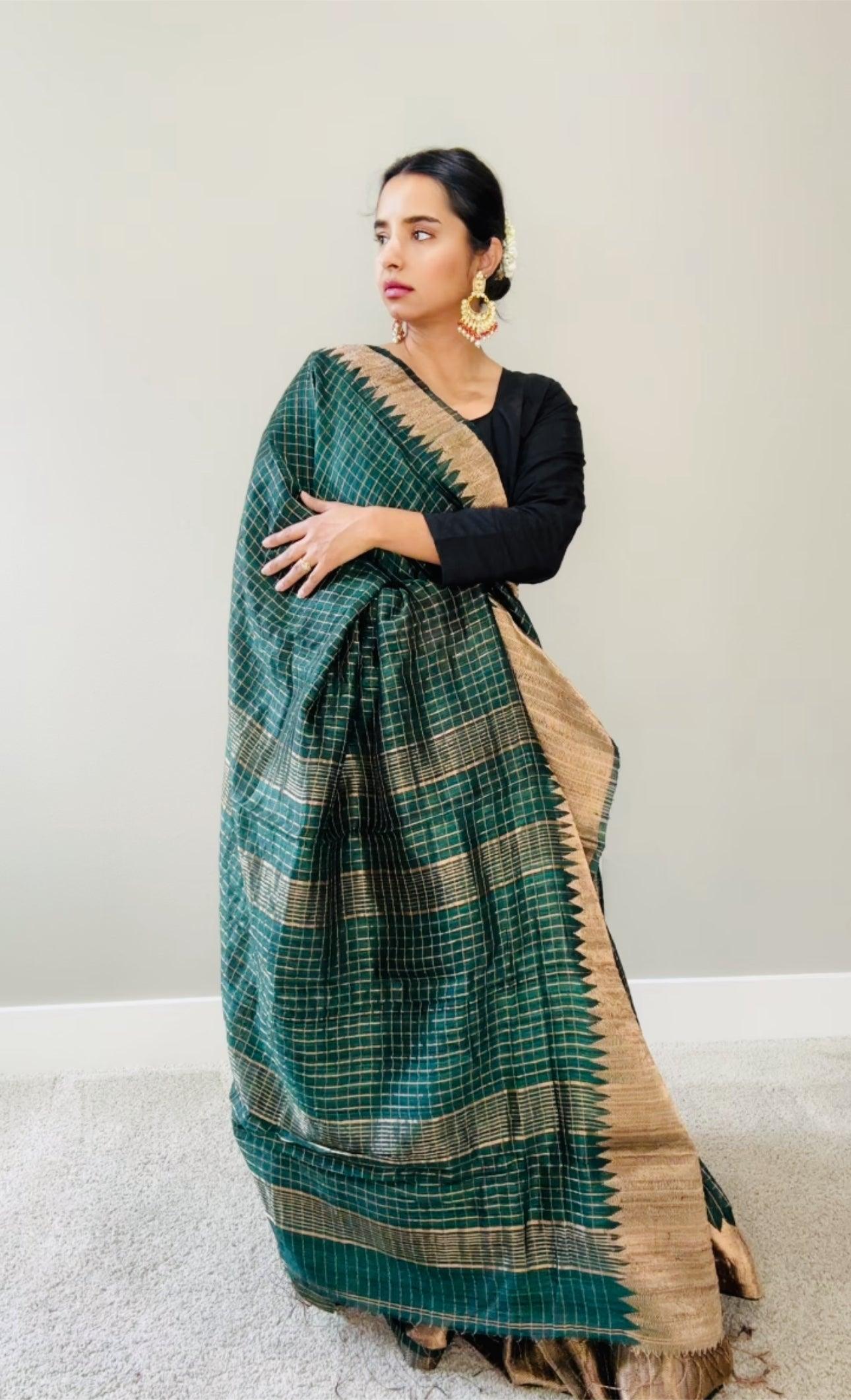 Kanjeewaram Check Saree large border on pure Matka Silk - Green