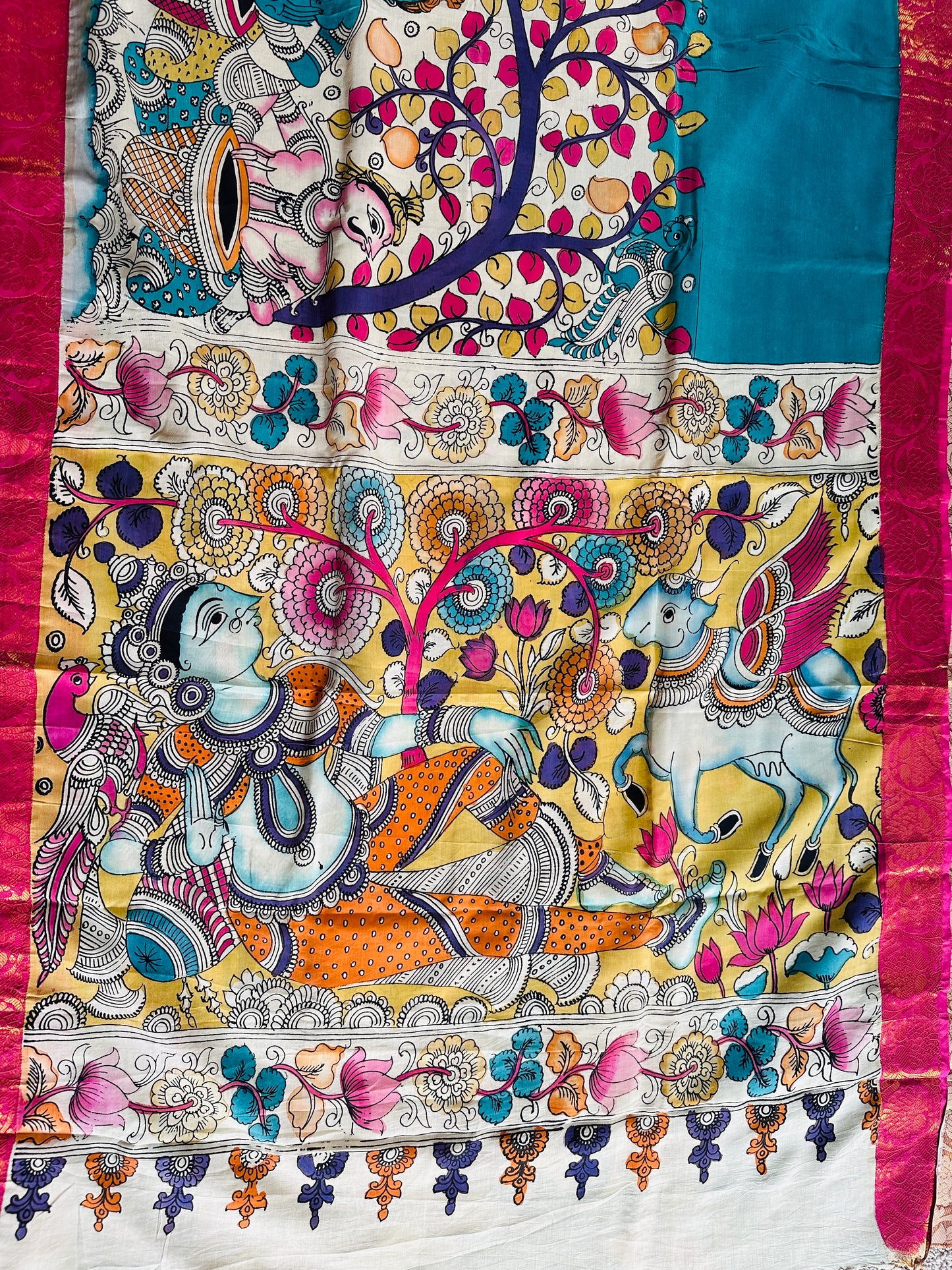 Pen Kalamkari with zari border in Silk - with silk Mark