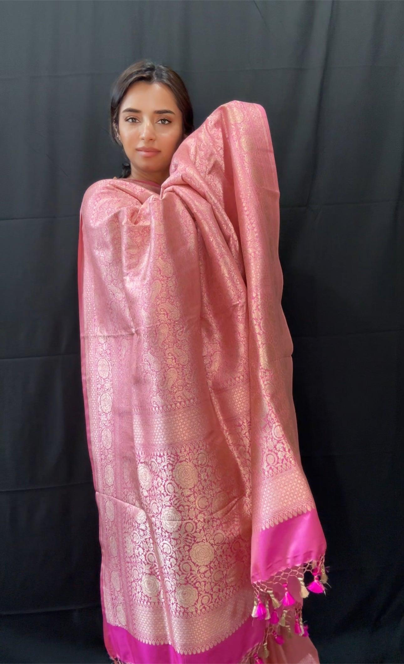 Tanchoi Banarasi Handwoven Pink Katan Silk Saree with Gold Zari Silk Mark Saree with blouse